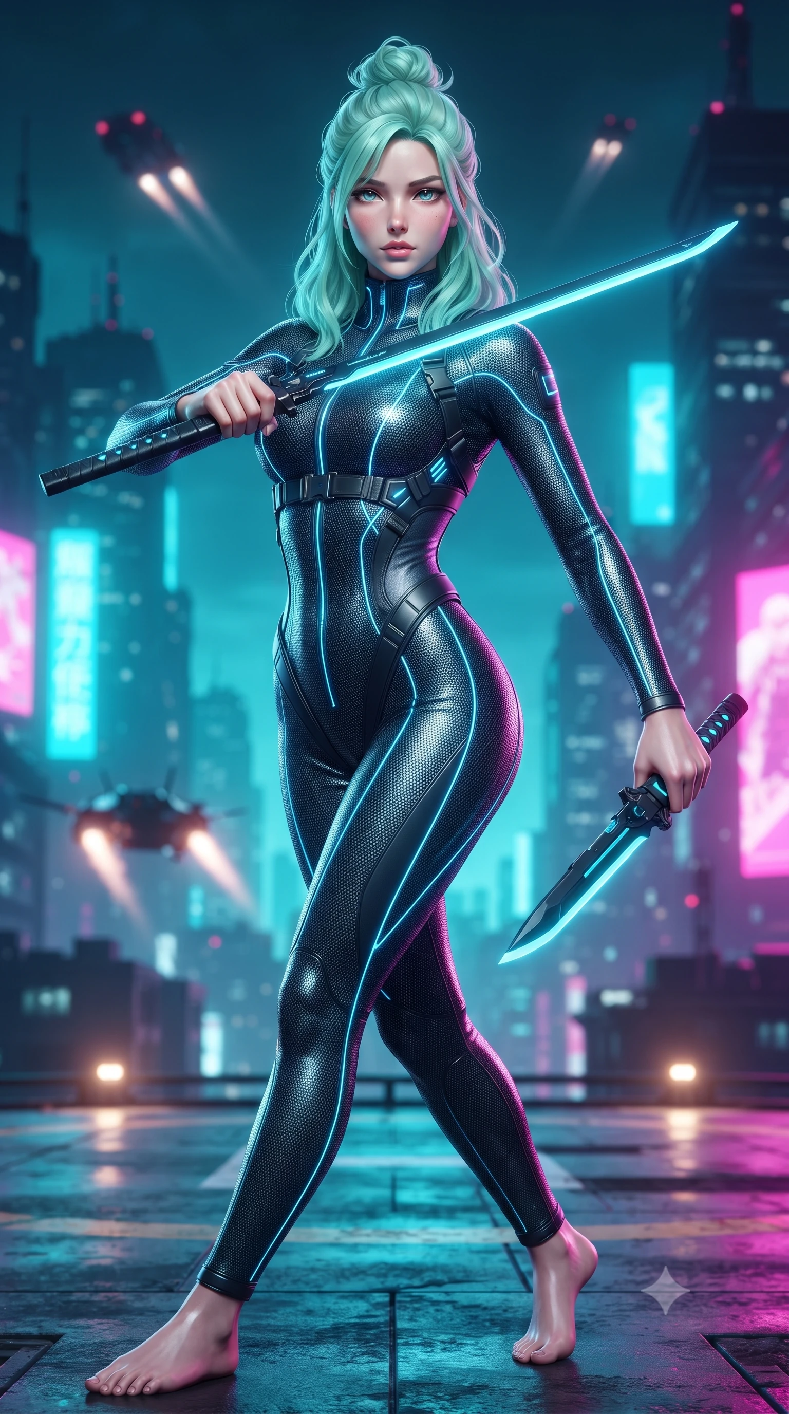 score_9, masterpiece, best quality, ultra-detailed, high-budget anime keyframe, editorial fashion photography, tasteful artistic composition, Japanese woman. low angle full-body shot from head to toe showing her feet, filling the entire 9:16 vertical frame with her statuesque presence, stretching her vertical silhouette. pivoting dynamically in mid-motion with a breathtakingly alluring posture, displaying her flawless model proportions, toned flat midriff, and ultra-slim waist while sheathing her sleek plasma katana with effortless supermodel poise while casting a sovereign, captivating direct gaze into the lens. The composition keeps background elements in soft focus with creamy bokeh. helipad landing lights and flying vehicle exhaust trails softened in moody shallow focus. She has an absolutely perfect, statuesque 8.5-heads proportion, an exceptionally tall and slender model-like female figure with impossibly long slender legs, a toned flat midriff, and an ultra-slim waist. sharp v-shaped jawline, high-bridge nose, intricate jewel-like eyes with depth, thick eyelashes, glossy lips with a natural sheen, flawlessly proportioned anatomical accuracy, strict slender model proportions, natural body alignment, perfectly sculpted long slender limbs, ultra-slim waistline, clean dynamic posture without body distortion. wearing an aerodynamic dark titanium carbon-mesh jumper with glowing blue fiber lines, holding twin chrome vibro-daggers with deadly supermodel poise in matte obsidian carbon black with electric cyan conduits, tailored from flexible second-skin carbon-mesh that clings flawlessly to her athletic curves, reinforced by a sleek titanium tactical harness and glowing micro-energy straps, the form-contouring material adhering flawlessly to her sculpted flat midriff and slender torso, emphasizing her long leg lines and perfectly proportioned willowy build. bathed in vivid high-contrast neon cyan and magenta city backlighting with electric blade glow. ultra-reflective glossy finish, specular highlights, dark metallic sheen, high-contrast stereoscopic depth, volumetric dynamic lighting, 2k, ultra detail, master piece, 9:16 ratio