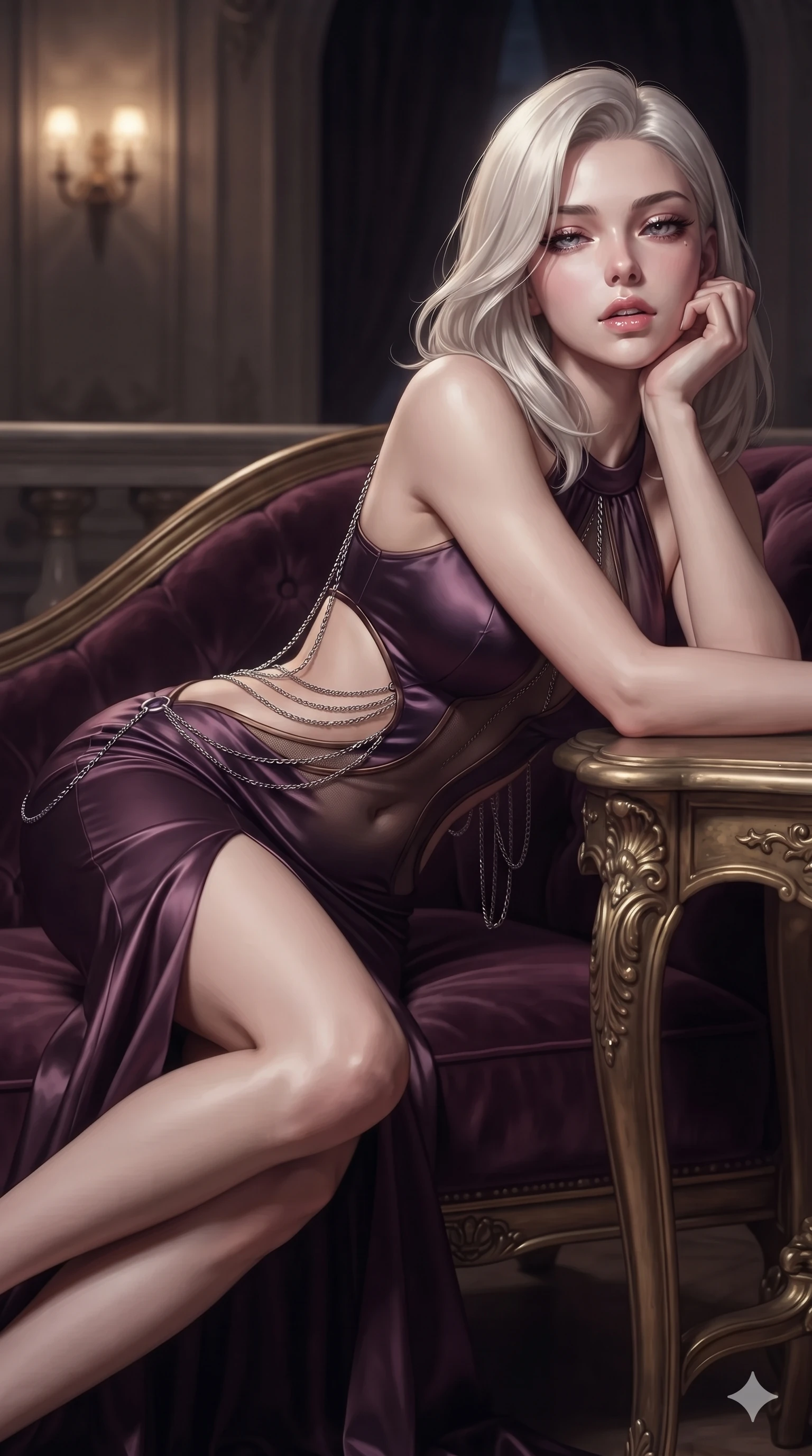 score_9, masterpiece, best quality, ultra-detailed, high-budget anime keyframe, editorial fashion photography, tasteful artistic composition, Caucasian woman. close-up cowboy shot from the waist and thighs up, the character dominates the composition, filling the frame with her large presence. resting one elbow on the table and supporting her chin, leaning close to the camera with heavy-lidded sparkling eyes and parted lips while lounging languidly across the plush velvet chaise with one knee drawn up, displaying her long slender leg line and flat midriff with effortless siren poise. The composition keeps background elements in soft focus with creamy bokeh: intimate VIP loge shadow softened in private palace balcony shallow focus. She has an exceptionally elegant, slender, and willowy female figure with an ultra-slim waist, flat toned midriff, narrow ribcage, and sculpted feminine hips creating an alluring, slim hourglass silhouette without bulk. sharp v-shaped jawline, high-bridge nose, intricate jewel-like eyes with depth, thick eyelashes, glossy parted lips with a natural sheen, intensely captivating and seductive bedroom-eyes expression, flawlessly proportioned anatomical accuracy, strict slender model proportions, natural body alignment, perfectly sculpted long slender limbs, ultra-slim waistline, clean dynamic posture without body distortion. wearing a sculptured liquid-satin mermaid gown with an architectural open-waist cutout and bare spine descending to the tailbone in deep plum violet and antique bronze, accented with semi-sheer mesh inserts accentuating her sculpted flat midriff, accented with an open-back drape framed by falling strands of delicate chrome chains, the second-skin form-contouring cut accentuating her sculpted flat midriff, narrow delicate ribcage, and gracefully curvy hips with supermodel precision. bathed in dramatic moody rim lighting from the grand hall below contrasted with intimate warm balcony sconce light. ultra-reflective glossy finish, specular highlights, rich textural contrasts, high-contrast stereoscopic depth, volumetric dynamic lighting, 2k, ultra detail, master piece, 9:16 ratio