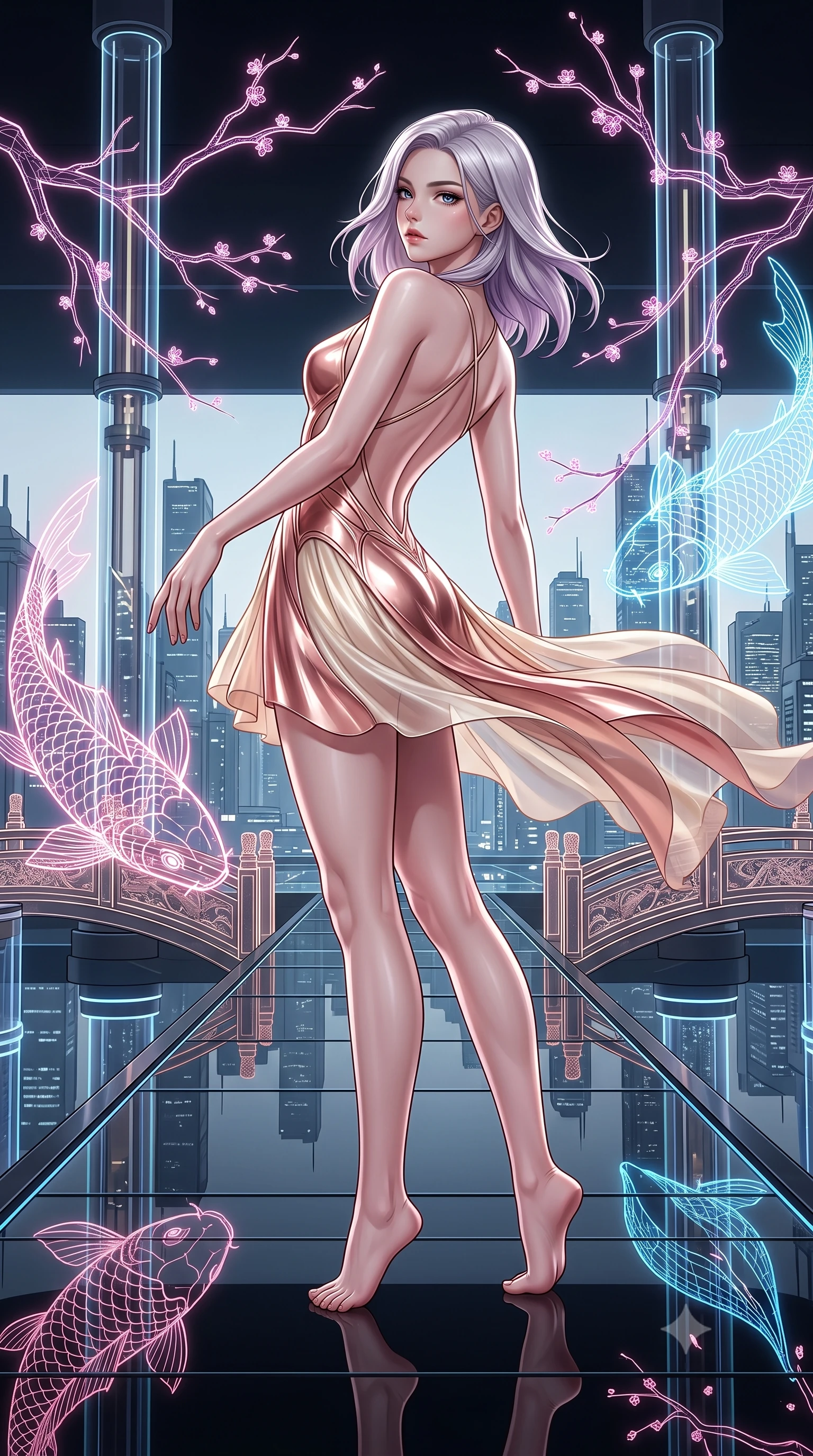 score_9, masterpiece, best quality, ultra-detailed, high-budget anime keyframe, editorial fashion photography, tasteful artistic composition, Caucasian woman. low angle full-body shot from head to toe showing her feet, filling the entire 9:16 vertical frame with her statuesque presence, stretching her vertical silhouette. arching her spine in a fluid zero-gravity turn with sovereign grace, her long slender legs and sculpted torso creating a sweeping line while pivoting dynamically on a black glass runway as holographic cherry blossom branches branch out in glowing neon lines. The surrounding environment is rendered in vivid detail and crisp panoramic clarity. intricate holographic koi wireframe scales, glowing pillar conduits, and bridge carvings in high clarity. She has an absolutely perfect, statuesque 8.5-heads proportion, an exceptionally tall and slender model-like female figure with impossibly long slender legs, a toned flat midriff, and an ultra-slim waist. sharp v-shaped jawline, high-bridge nose, intricate jewel-like eyes with depth, thick eyelashes, glossy lips with a natural sheen, flawlessly proportioned anatomical accuracy, strict slender model proportions, natural body alignment, perfectly sculpted long slender limbs, ultra-slim waistline, clean dynamic posture without body distortion. wearing a high-gloss lacquer cyber-couture mini dress with an open-back architectural cut and subtle glowing micro-filaments in sculpted rose gold and luminescent champagne ivory, made of smooth flowing silk chiffon that shifts colors with movement, complemented by criss-cross back straps highlighting her completely bare spine, the glove-like aerodynamic second-skin fit tightly clinging to her ultra-slender waist and athletic curves without adding bulk, accentuating her razor-sharp statuesque lines and slim hourglass silhouette. illuminated by crisp white key light and sharp specular highlights tracing her sculpted silhouette. ultra-reflective glossy finish, specular highlights, dark metallic sheen, high-contrast stereoscopic depth, volumetric dynamic lighting, 2k, ultra detail, master piece, 9:16 ratio