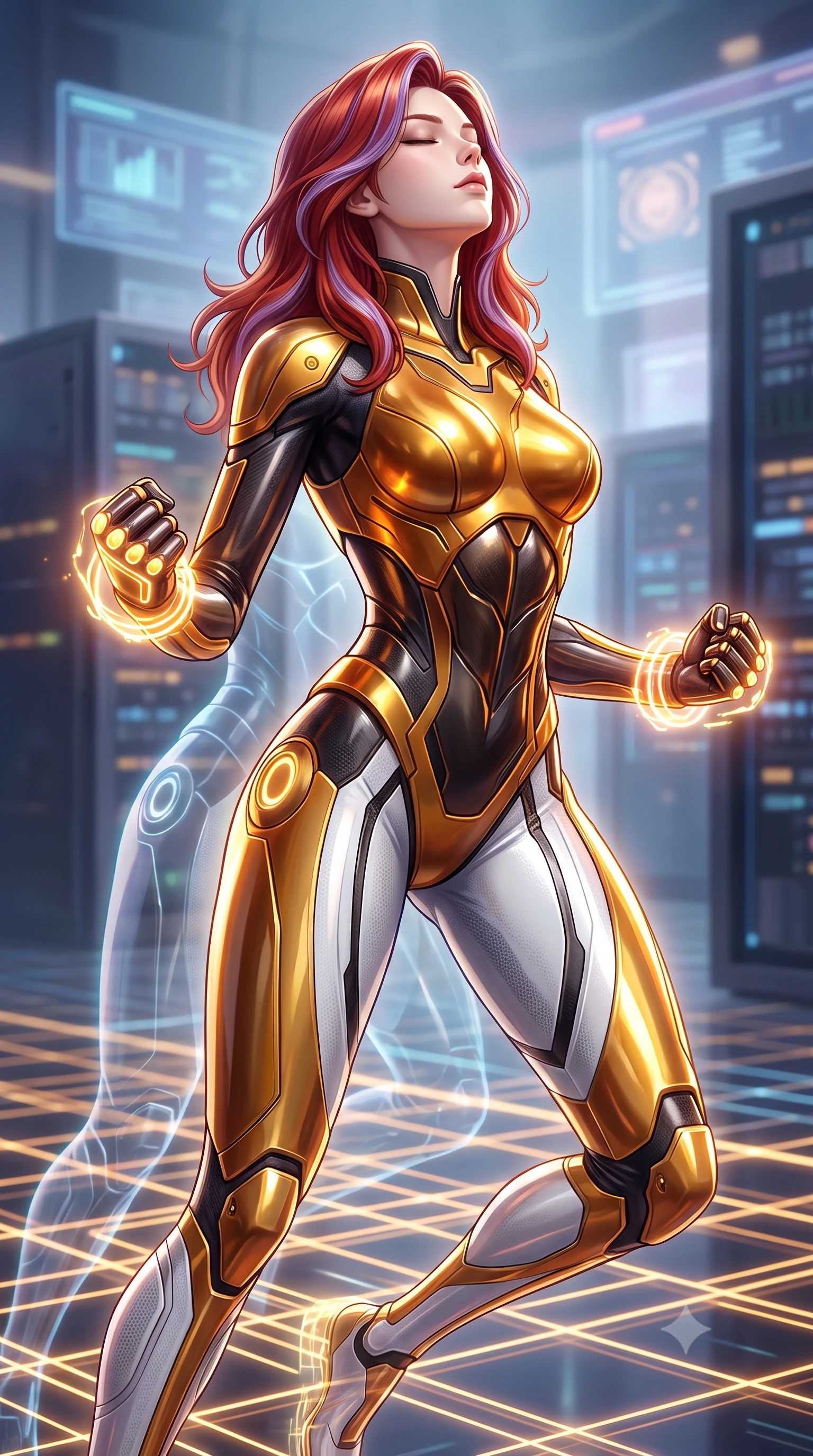 score_9, masterpiece, best quality, ultra-detailed, high-budget anime keyframe, semi-realistic 3D game render, editorial fashion photography, tasteful artistic composition, Caucasian woman. close-up cowboy shot from the waist and thighs up, the character dominates the composition, filling the frame with her large presence. tilting her head back with serene warrior composure, her sharp jawline and sculpted collarbones highlighted by glowing neon kinetic knuckles while shifting at supersonic speed across a glowing quantum grid floor, leaving translucent holographic after-images in her wake. The composition keeps background elements in soft focus with creamy bokeh. supercomputer processor towers and holographic interface walls softened in dreamy atmospheric depth. She has an exceptionally elegant, slender, and willowy female figure with an ultra-slim waist, a gracefully sculpted slender torso, toned flat midriff, and a refined slim silhouette. sharp v-shaped jawline, high-bridge nose, intricate jewel-like eyes with depth, thick eyelashes, glossy lips with a natural sheen, flawlessly proportioned anatomical accuracy, strict slender model proportions, natural body alignment, perfectly sculpted long slender limbs, ultra-slim waistline, clean dynamic posture without body distortion. wearing a sculpted molten-gold and dark carbon cuirass paired with high-mobility combat leggings and kinetic energy channels in arctic white carbon composite with radiant solar gold plating, formed from high-gloss patent carbon-plating with specular chiaroscuro reflections, detailed with magnetic knuckle shock-absorbers and polished chrome articulation joints, the form-contouring material adhering flawlessly to her sculpted flat midriff and slender torso, emphasizing her long leg lines and perfectly proportioned willowy build. surrounded by an omniscient, divine, and radiantly transcendent martial muse aura. rich saturated anime colors with glowing neon highlights, detailed shading with soft gradients, rich glossy textures, high-contrast stereoscopic depth, volumetric dynamic lighting, master piece, 9:16 ratio