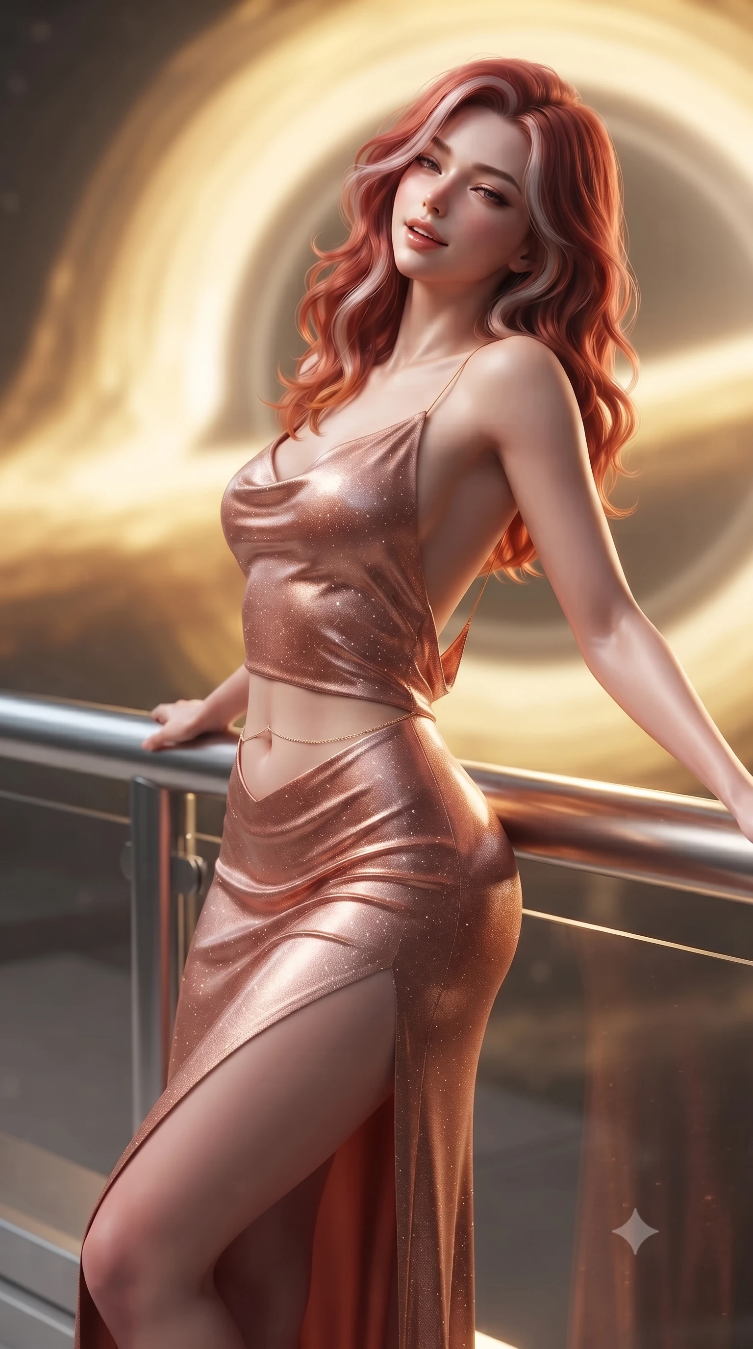 score_9, masterpiece, best quality, ultra-detailed, high-budget anime keyframe, editorial fashion photography, tasteful artistic composition, Caucasian woman. close-up cowboy shot from the waist and thighs up, the character dominates the composition, filling the frame with her large presence. leaning back against the balustrade with relaxed seductive grace, head tilted back slightly while casting a hypnotic, heavy-lidded gaze while standing poised on the cantilevered observation bridge before the monumental golden accretion disk of the singularity core, arching her lower back with sovereign supermodel grace. The background shows a soft-focus plasma containment field hum softened in quantum singularity observation bridge shallow focus. She has an exceptionally elegant, slender, and willowy female figure with an ultra-slim waist, flat toned midriff, narrow ribcage, and sculpted feminine hips creating an alluring, slim hourglass silhouette without bulk. sharp v-shaped jawline, high-bridge nose, intricate jewel-like sparkling eyes with depth, thick eyelashes, glossy parted lips with a natural peach sheen, bright cheerful beaming smile with an enchanting and coquettish sensual glint, exuding both youthful cute charm and seductive allure, flawlessly proportioned anatomical accuracy, strict slender model proportions, natural body alignment, perfectly sculpted long slender limbs, ultra-slim waistline, clean dynamic posture without body distortion. wearing a form-contouring gossamer silk chiffon slip dress with a hip-high slit and open cowl back clinging with dewy moisture in high-gloss rose-gold and burnished copper, woven from stretch metallic lurex jersey casting radiant starlight glints across her curves, accented with a dainty gold belly chain resting across her flat midriff and curving hips, the glove-like clinging cut tightly following the natural contour of her hips and long slender legs with youthful 8.5-heads elegance. illuminated by console screen bounce and sharp relativistic gold rim lights defining her razor-sharp jawline, narrow waist, and curvy hips. ultra-reflective glossy finish, specular highlights, rich textural contrasts, high-contrast stereoscopic depth, volumetric dynamic lighting, 2k, ultra detail, master piece, 9:16 ratio