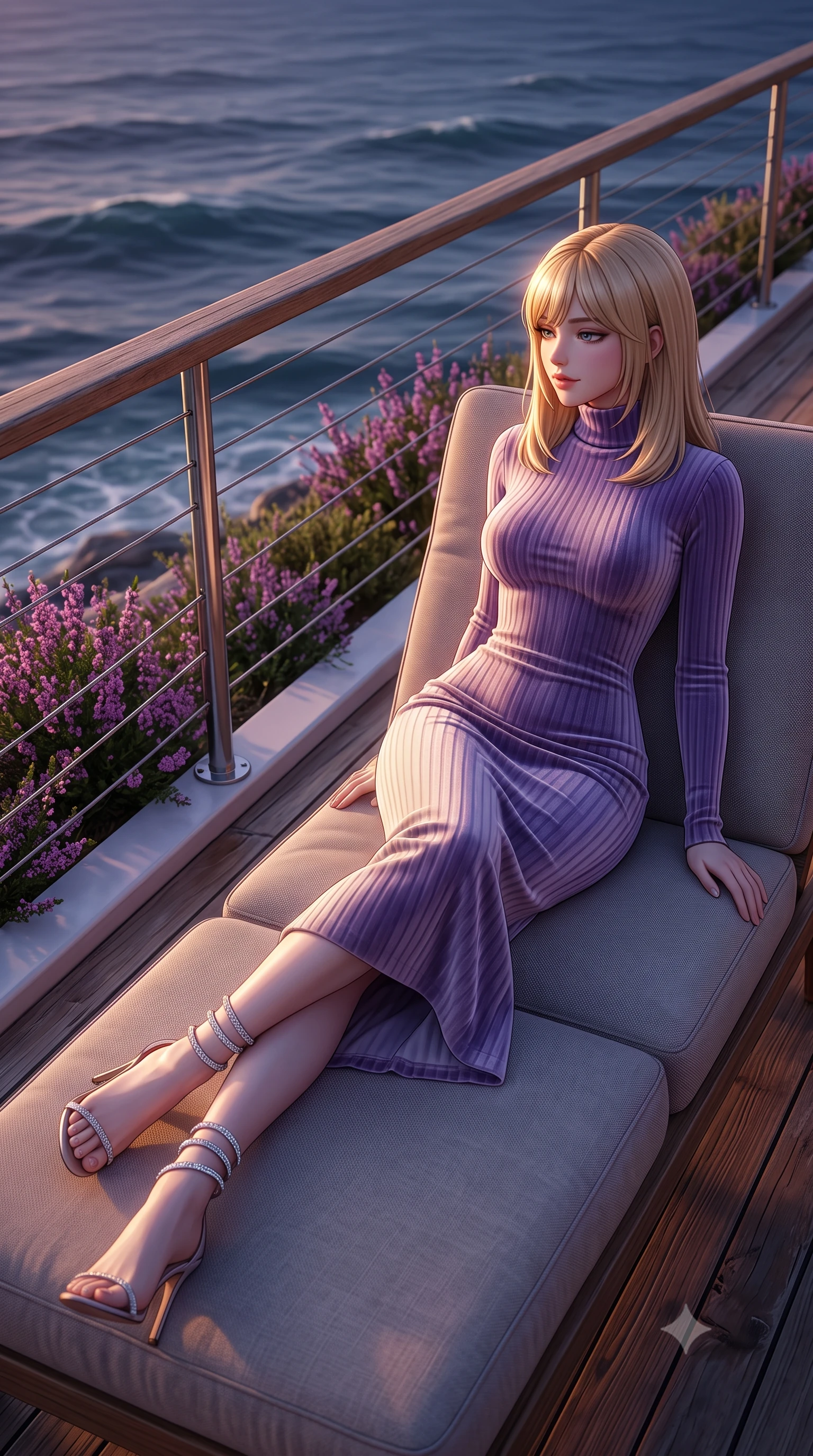 score_9, masterpiece, best quality, ultra-detailed, high-budget anime keyframe, semi-realistic 3D game render, editorial fashion photography, tasteful artistic composition, Japanese woman. low angle full-body shot from head to toe showing her feet, filling the entire 9:16 vertical frame with her statuesque presence, stretching her vertical silhouette. reclining gracefully across the plush chaise lounge with one leg extended, her sculpted silhouette and flat midriff radiating magnetic nocturnal glamour while leaning against the nautical wire balustrade with hips cocked back, looking out over rolling Atlantic swells with heavy-lidded bedroom-eyes. The surrounding environment is rendered in vivid detail and crisp panoramic clarity: sharp weathered teak plank grain, stainless steel cable balustrade fittings, and blooming purple heather textures in deep focus. She has an exceptionally tall and slender model-like 8.5-heads proportion, an ultra-slim waist, a flat toned midriff, narrow delicate ribcage, and beautifully sculpted feminine hips creating a graceful, slim hourglass silhouette without any bulky heaviness, with impossibly long slender legs. sharp v-shaped jawline, high-bridge nose, intricate jewel-like sparkling eyes with depth, thick eyelashes, glossy parted lips with a natural peach sheen, bright cheerful beaming smile with an enchanting and coquettish sensual glint, exuding both youthful cute charm and seductive allure, flawlessly proportioned anatomical accuracy, strict slender model proportions, natural body alignment, perfectly sculpted long slender limbs, ultra-slim waistline, clean dynamic posture without body distortion. wearing a form-fitting ribbed knit midi dress with high turtleneck hugging every contour of her hourglass frame in Luberon lavender purple and Provençal limestone cream, tailored from ultra-plush silk velvet with rich tactile depth and deep shadow gradients, complemented by strappy stiletto sandals with crystal ankle wraps accentuating her slender calves, the bespoke structured tailoring following the natural line of her 8.5-heads silhouette with refined elegance. illuminated by deck wood reflection bounce and sharp copper-gold rim lights sculpting her jawline, narrow waist, and curvy hips. highly saturated vibrant anime colors, detailed shading with soft gradients, rich glossy textures, high-contrast stereoscopic depth, volumetric dynamic lighting, master piece, 9:16 ratio