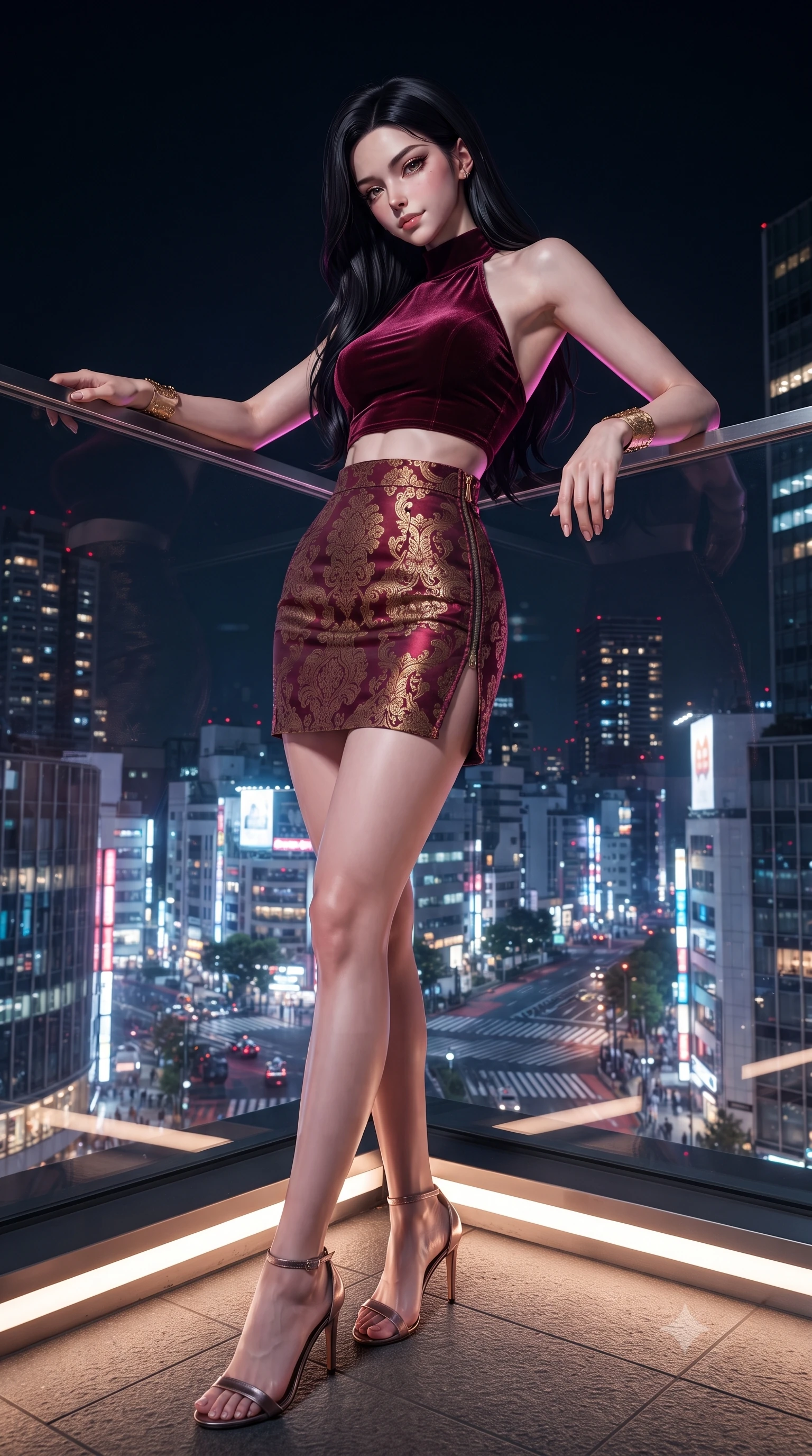 score_9, masterpiece, best quality, ultra-detailed, high-budget anime keyframe, editorial fashion photography, tasteful artistic composition, Korean woman. low angle full-body shot from head to toe showing her feet, filling the entire 9:16 vertical frame with her statuesque presence, stretching her vertical silhouette. leaning deep against the balcony balustrade with hips cocked back in an unapologetically alluring high-fashion stance, casting an intoxicating glance while leaning against the clear infinity glass balustrade with hips cocked back, looking down at the pulsing neon scramble crossing with smoldering eyes. The surrounding environment is rendered in vivid detail and crisp panoramic clarity: detailed cheongsam-inspired mini dress weave, high-slit seam borders, and Tokyo megalopolis infrastructure in razor-sharp precision. She has an exceptionally tall and slender model-like 8.5-heads proportion, an ultra-slim waist, a flat toned midriff, narrow delicate ribcage, and beautifully sculpted feminine hips creating a graceful, slim hourglass silhouette without any bulky heaviness, with impossibly long slender legs. sharp v-shaped jawline, high-bridge nose, intricate jewel-like sparkling eyes with depth, thick eyelashes, glossy parted lips with a natural peach sheen, bright cheerful beaming smile with an enchanting and coquettish sensual glint, exuding both youthful cute charm and seductive allure, flawlessly proportioned anatomical accuracy, strict slender model proportions, natural body alignment, perfectly sculpted long slender limbs, ultra-slim waistline, clean dynamic posture without body distortion. wearing a high-neck cropped halter top in stretch velvet paired with a high-waisted leather mini skirt with side zip slit in Italian baroque bordeaux wine and antique gilded gold, crafted from fluid liquid silk satin that clings smoothly to her narrow waist and rounded hips with a dewy sheen, accented with delicate golden wrist cuffs reflecting warm chandelier light, the precision-cut side openings and low-back scoop framing her graceful spine and the sensual sweep of her slim, toned hips. illuminated by rooftop edge LED strip lights and crisp platinum-magenta rim lights sculpting her jawline, flat midriff, and curvy hips. ultra-reflective glossy finish, specular highlights, rich textural contrasts, high-contrast stereoscopic depth, volumetric dynamic lighting, 2k, ultra detail, master piece, 9:16 ratio