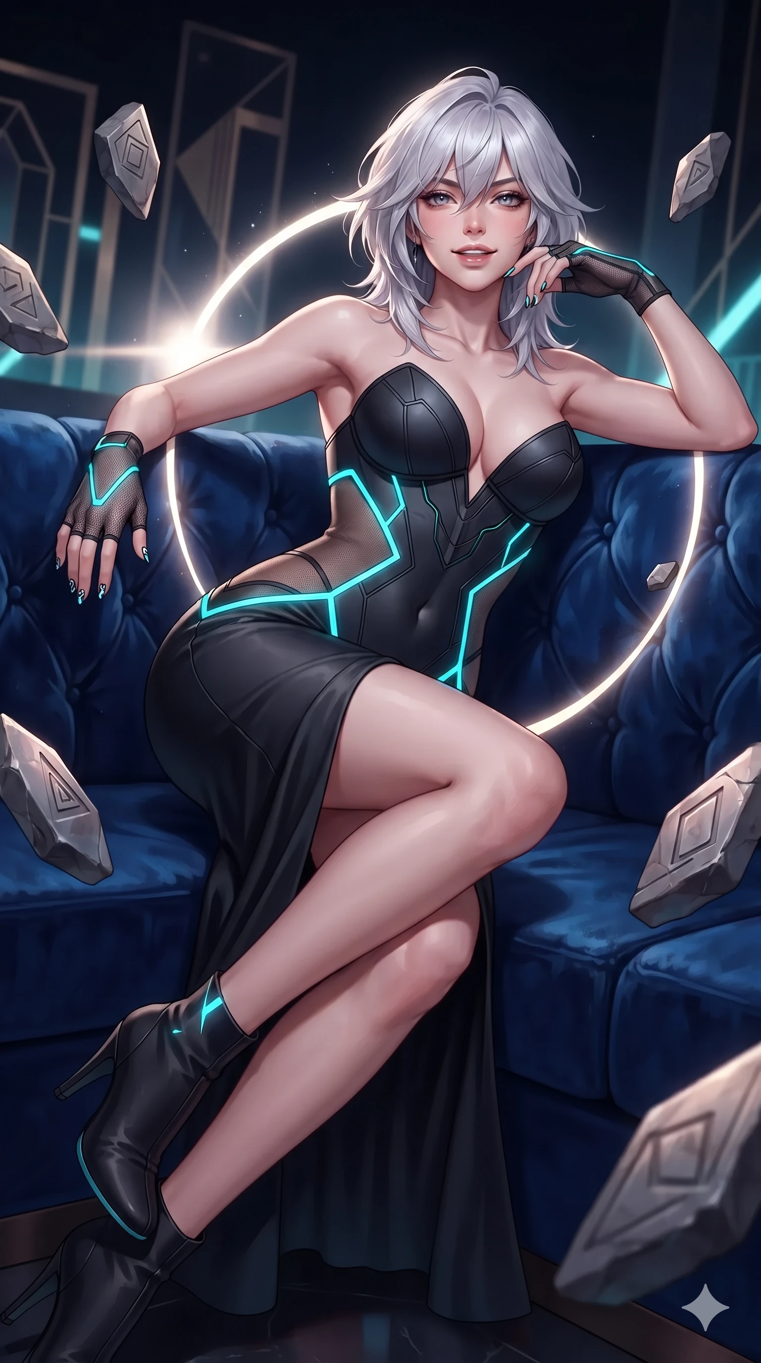 score_9, masterpiece, best quality, ultra-detailed, high-budget anime keyframe, editorial fashion photography, tasteful artistic composition, Japanese woman. low angle full-body shot from head to toe showing her feet, filling the entire 9:16 vertical frame with her statuesque presence, stretching her vertical silhouette. lounging in a plush velvet VIP booth propped on one elbow with legs crossed, flashing an intoxicating smile with parted glossy lips while twisting her slender torso in an alluring S-curve between floating stone fragments, diamond eclipse corona light tracing her flat midriff and hourglass curves. The surrounding environment is rendered in vivid detail and crisp panoramic clarity: sharp levitating stone facet edges, blinding specular glints along shard corners, and crisp eclipse corona ring details in deep focus. She has an absolutely perfect, statuesque 8.5-heads proportion, an exceptionally tall and slender model-like female figure with impossibly long slender legs, an ultra-slim waist, a flat toned midriff, narrow delicate ribcage, and beautifully sculpted feminine hips creating a graceful, slim hourglass silhouette without any bulky heaviness. sharp v-shaped jawline, high-bridge nose, intricate jewel-like sparkling eyes with depth, thick eyelashes, glossy parted lips with a natural sheen, bright confident smile with an enchanting and coquettish sensual glint, exuding both youthful magnetic charm and sovereign high-tech allure, flawlessly proportioned anatomical accuracy, strict slender model proportions, natural body alignment, perfectly sculpted long slender limbs, ultra-slim waistline, clean dynamic posture without body distortion. wearing an alluring plunging sweetheart cyber-bodice dress with sheer mesh side-waist cutouts contouring her ribs in matte obsidian black and glowing neon cyan trim, featuring strategic sheer-illusion tulle side panels framing her ribcage and hips, finished with polished chrome buckle hardware and modular magnetic holster clasps, the form-contouring cut accentuating her sculpted flat midriff, narrow delicate ribcage, and gracefully curvy hips with cybernetic supermodel precision. illuminated by reflective shard bounces and intense silver-white rim lights carving her sculpted collarbones, ultra-slim waist, and curvy hips. ultra-reflective glossy finish, specular highlights, rich textural contrasts, high-contrast stereoscopic depth, volumetric dynamic lighting, 2k, ultra detail, master piece, 9:16 ratio