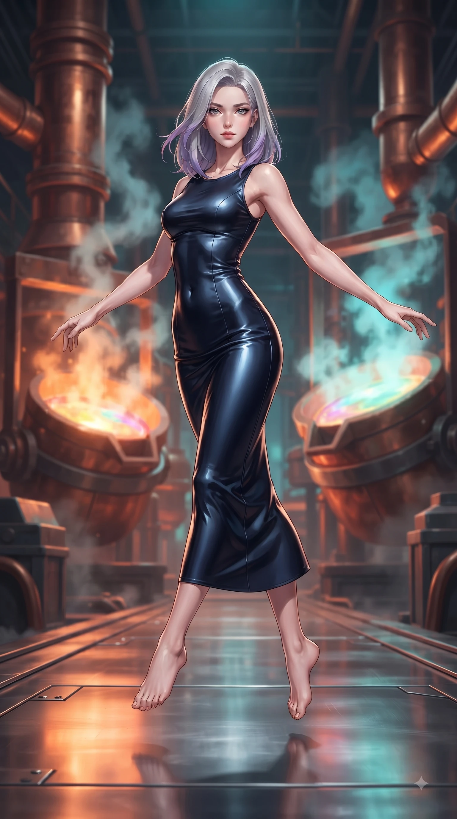 score_9, masterpiece, best quality, ultra-detailed, high-budget anime keyframe, editorial fashion photography, tasteful artistic composition, Caucasian woman woman. low angle full-body shot from head to toe showing her feet, filling the entire 9:16 vertical frame with her statuesque presence, stretching her vertical silhouette. She has an absolutely perfect, statuesque 8.5-heads proportion, an exceptionally tall and slender model-like female figure with impossibly long slender legs and an ultra-slim waist. mid-air spin above the reflective floor, maintaining an athletic and perfectly balanced poise, flawlessly proportioned anatomical accuracy, natural body alignment, perfectly sculpted elegant limbs, clean dynamic posture without body distortion. set against a soft-focus background of a copper pipe industrial foundry with liquid aurora crucibles. wearing a sleek midnight navy silk column dress with form-contouring tailored seams. bathed in intense orange furnace light clashing with cool cyan steam highlights. ultra-reflective glossy finish, specular highlights, metallic sheen, high-contrast stereoscopic depth, volumetric dynamic lighting, 2k, ultra detail, master piece, 9:16 ratio