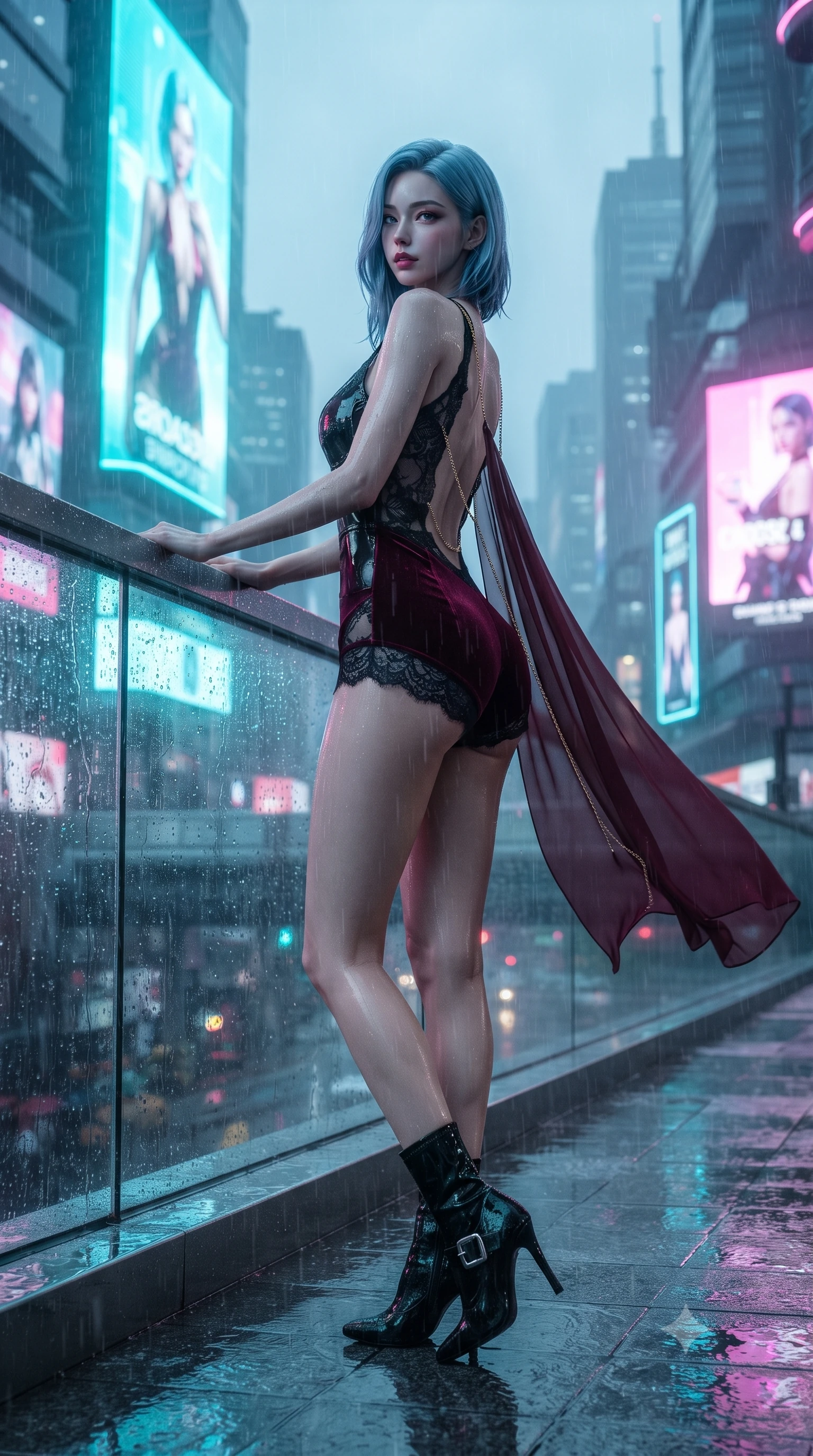 score_9, masterpiece, best quality, ultra-detailed, high-budget anime keyframe, editorial fashion photography, tasteful artistic composition, Korean woman. low angle full-body shot from head to toe showing her feet, filling the entire 9:16 vertical frame with her statuesque presence, stretching her vertical silhouette. executing a slow, graceful pivot turn as her skirt sways around her slender legs, glancing back with an enchanting, teasing sensual expression while leaning against the wet glass parapet with hips cocked back, looking through heavy rain toward towering holographic advertisements. The surrounding environment is rendered in vivid detail and crisp panoramic clarity: detailed wet-look high-gloss vinyl bodysuit cling, chrome buckle shine, and futuristic architectural lines in razor-sharp precision. She has an absolutely perfect, statuesque 8.5-heads proportion, an exceptionally tall and slender model-like female figure with impossibly long slender legs, an ultra-slim waist, a flat toned midriff, narrow delicate ribcage, and beautifully sculpted feminine hips creating a graceful, slim hourglass silhouette without any bulky heaviness. sharp v-shaped jawline, high-bridge nose, sparkling eyes with hypnotic seductive depth, thick curled eyelashes, glossy parted lips with a natural dewy peach sheen, alluring bedroom-eyes with an enchanting coquettish smile, exuding magnetic siren charisma and sophisticated glamour, flawlessly proportioned anatomical accuracy, strict slender model proportions, natural body alignment, perfectly sculpted long slender limbs, ultra-slim waistline, clean dynamic posture without body distortion. wearing a plunge-neck stretch velvet romper with scalloped eyelash-lace hems and a cinched waist ribbon in deep bordeaux velvet and delicate black chantilly, made of sheer gossamer chiffon that drapes softly against skin with airy translucence, accented with an open-back drape framed by falling strands of delicate gold chains, the precision-cut side openings and low-back scoop framing her graceful spine and the sensual sweep of her slim, toned hips. illuminated by wet floor specular reflections and sharp magenta-cyan rim lights sculpting her razor-sharp jawline, narrow waist, and curvy hips. ultra-reflective glossy finish, specular highlights, rich textural contrasts, high-contrast stereoscopic depth, volumetric dynamic lighting, 2k, ultra detail, master piece, 9:16 ratio