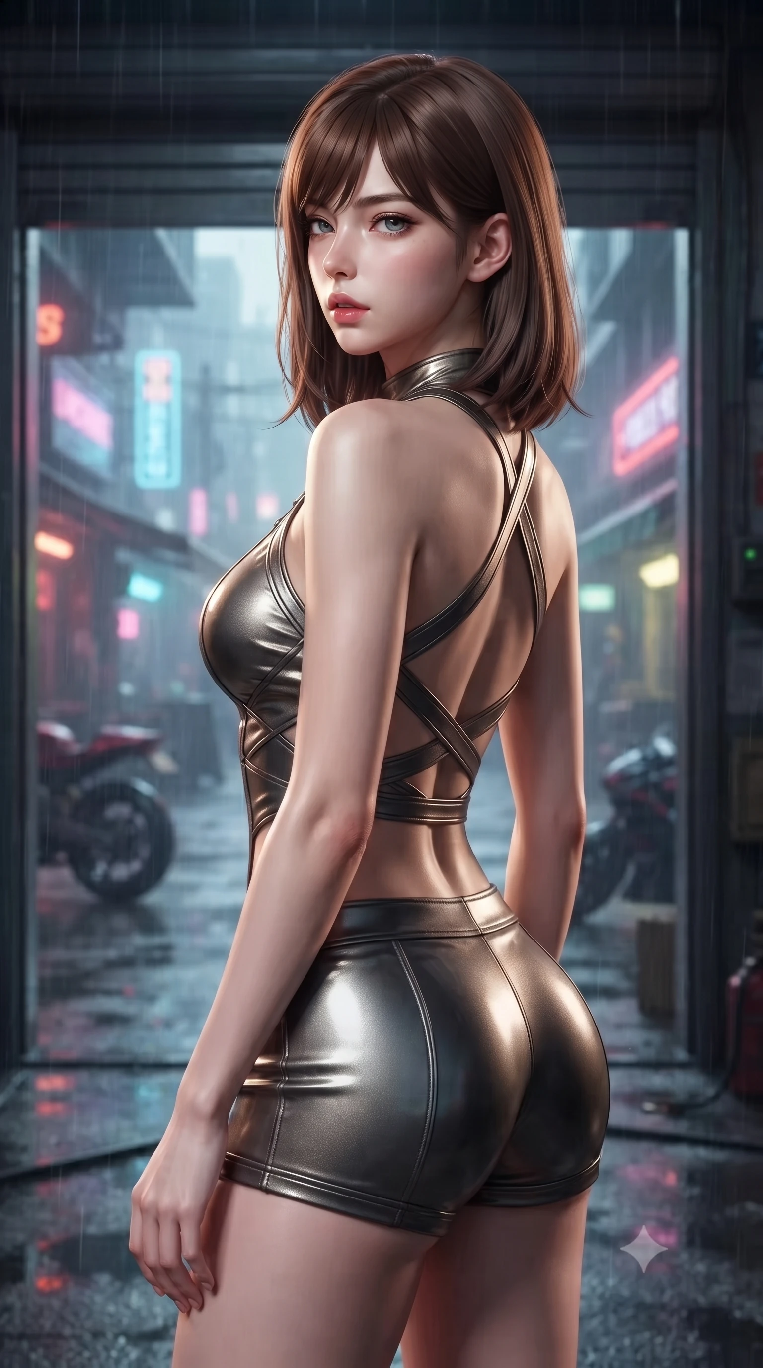 score_9, masterpiece, best quality, ultra-detailed, high-budget anime keyframe, editorial fashion photography, tasteful artistic composition, Korean woman. close-up cowboy shot from the waist and thighs up, the character dominates the composition, filling the frame with her large presence, background elements kept in soft focus. turning her face in profile to look over her shoulder, casting a smoldering side gaze with lips slightly parted, the background shows a soft-focus a high-tech motorcycle garage open to a rain-drenched cyberpunk street. She has an exceptionally elegant, slender, and willowy female figure with an ultra-slim waist, a gracefully sculpted slender torso, and a refined silhouette. sharp v-shaped jawline, high-bridge nose, intricate jewel-like eyes with depth, thick eyelashes, glossy lips with a natural sheen. wearing a body-hugging backless halter-neck combat top with criss-cross strapping, paired with carbon-alloy micro-shorts. bright halogen work lights casting sharp, detailed front illumination with deep shadows. ultra-reflective glossy finish, specular highlights, metallic sheen, high-contrast stereoscopic depth, volumetric dynamic lighting, 2k, ultra detail, master piece, 9:16 ratio