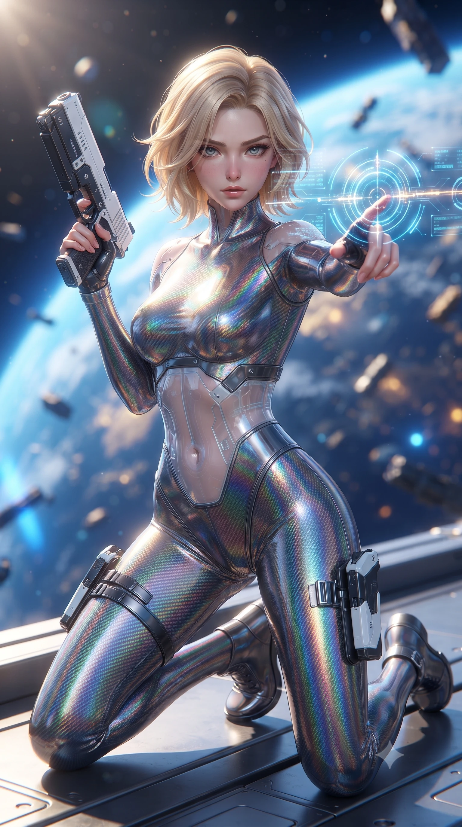 score_9, masterpiece, best quality, ultra-detailed, high-budget anime keyframe, editorial fashion photography, tasteful artistic composition, Caucasian woman. close-up cowboy shot from the waist and thighs up, the character dominates the composition, filling the frame with her large presence. extending one arm gracefully as glowing holographic targeting reticles and data streams orbit her fingertips with sovereign power while kneeling gracefully on one knee along the hangar edge with railgun primed as Earth's blue curvature shines below. The composition keeps background elements in soft focus with creamy bokeh. glowing blue curvature of planet Earth and floating orbital debris blurred into radiant azure, gold, and indigo bokeh. She has an exceptionally elegant, slender, and willowy female figure with an ultra-slim waist, a gracefully sculpted slender torso, toned flat midriff, and a refined slim silhouette. sharp v-shaped jawline, high-bridge nose, intricate jewel-like eyes with depth, thick eyelashes, glossy lips with a natural sheen, flawlessly proportioned anatomical accuracy, strict slender model proportions, natural body alignment, perfectly sculpted long slender limbs, ultra-slim waistline, clean dynamic posture without body distortion. wearing a high-gloss iridescent rainbow carbon-weave bodysuit with translucent cybernetic panels, brandishing dual sleek chrome particle beam pistols in a dynamic combat stance in monochrome white enamel carbon with high-contrast black panels, made of liquid carbon-jersey fabric adhering flawlessly to her sculpted silhouette, detailed with magnetic weapon holsters and polished chrome connection clasps, the precision-cut daring openings accentuating her delicate midriff, graceful bare collarbones, and ultra-slim feminine waistline. bathed in dazzling natural orbital sunlight and rich blue planetary ambient bounce light. ultra-reflective glossy finish, specular highlights, dark metallic sheen, high-contrast stereoscopic depth, volumetric dynamic lighting, 2k, ultra detail, master piece, 9:16 ratio