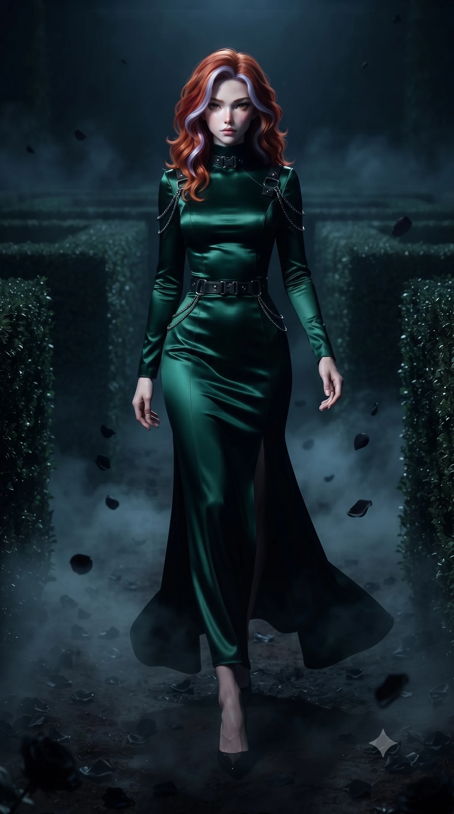 score_9, masterpiece, best quality, ultra-detailed, high-budget anime keyframe, editorial fashion photography, tasteful artistic composition, Caucasian woman. low angle full-body shot from head to toe showing her feet, filling the entire 9:16 vertical frame with her statuesque presence, stretching her vertical silhouette. navigating the midnight sanctuary with an effortless, graceful stride, navigating a shadowy dark hedge maze shrouded in thick midnight fog, velvety black rose petals floating on dark mist-covered ground. She has an absolutely perfect, statuesque 8.5-heads proportion, an exceptionally tall and slender model-like female figure with impossibly long slender legs and an ultra-slim waist. sharp v-shaped jawline, high-bridge nose, intricate jewel-like eyes with depth, thick eyelashes, glossy lips with a natural sheen. wearing long-sleeved dark emerald satin gown with high structured neckline in deep emerald green, made of soft dark satin, framed by dark titanium buckles and silver chain details, sculpting her athletic slender build with refined precision. surrounded by dramatic gothic chiaroscuro with sharp edge highlights. highly saturated vibrant anime colors, detailed shading with soft gradients, rich glossy textures, high-contrast stereoscopic depth, volumetric dynamic lighting, master piece, 9:16 ratio