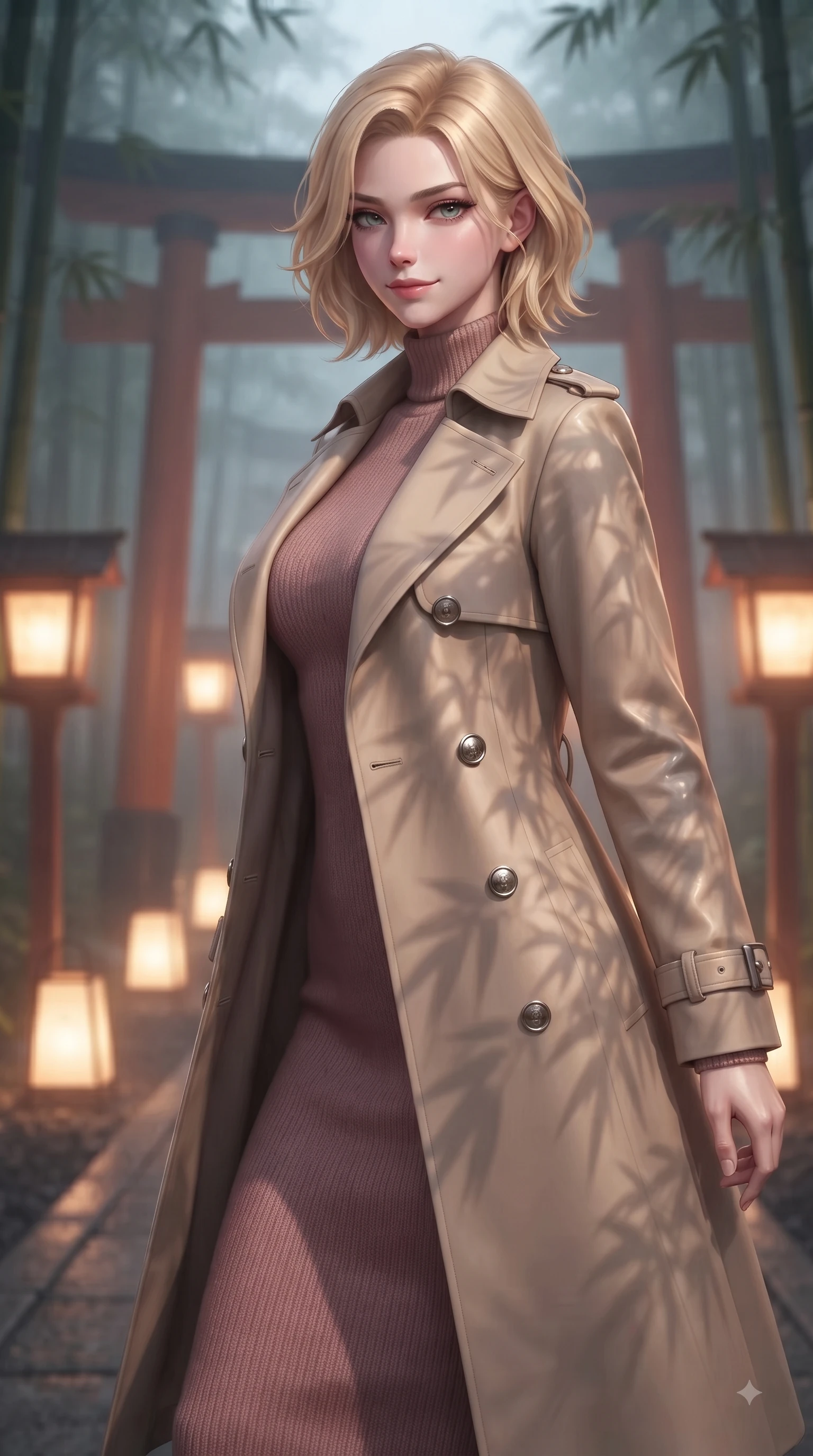 score_9, masterpiece, best quality, ultra-detailed, high-budget anime keyframe, editorial fashion photography, tasteful artistic composition, Caucasian woman woman. close-up cowboy shot from the waist and thighs up, the character dominates the composition, filling the frame with her large presence, background elements kept in soft focus. She has an exceptionally elegant, slender, and willowy female figure with an ultra-slim waist, a gracefully sculpted slender torso, and a refined silhouette. glancing sidelong over her shoulder with a smoldering, magnetic half-smile, flawlessly proportioned anatomical accuracy, natural body alignment, perfectly sculpted elegant limbs, clean dynamic posture without body distortion. set against a soft-focus background of a misty bamboo torii shrine path with glowing paper lanterns. wearing a classic tailored trench coat over a high-neck dusty rose knit midi dress. bathed in warm amber lantern light casting soft organic bamboo leaf stencil shadows. ultra-reflective glossy finish, specular highlights, metallic sheen, high-contrast stereoscopic depth, volumetric dynamic lighting, 2k, ultra detail, master piece, 9:16 ratio