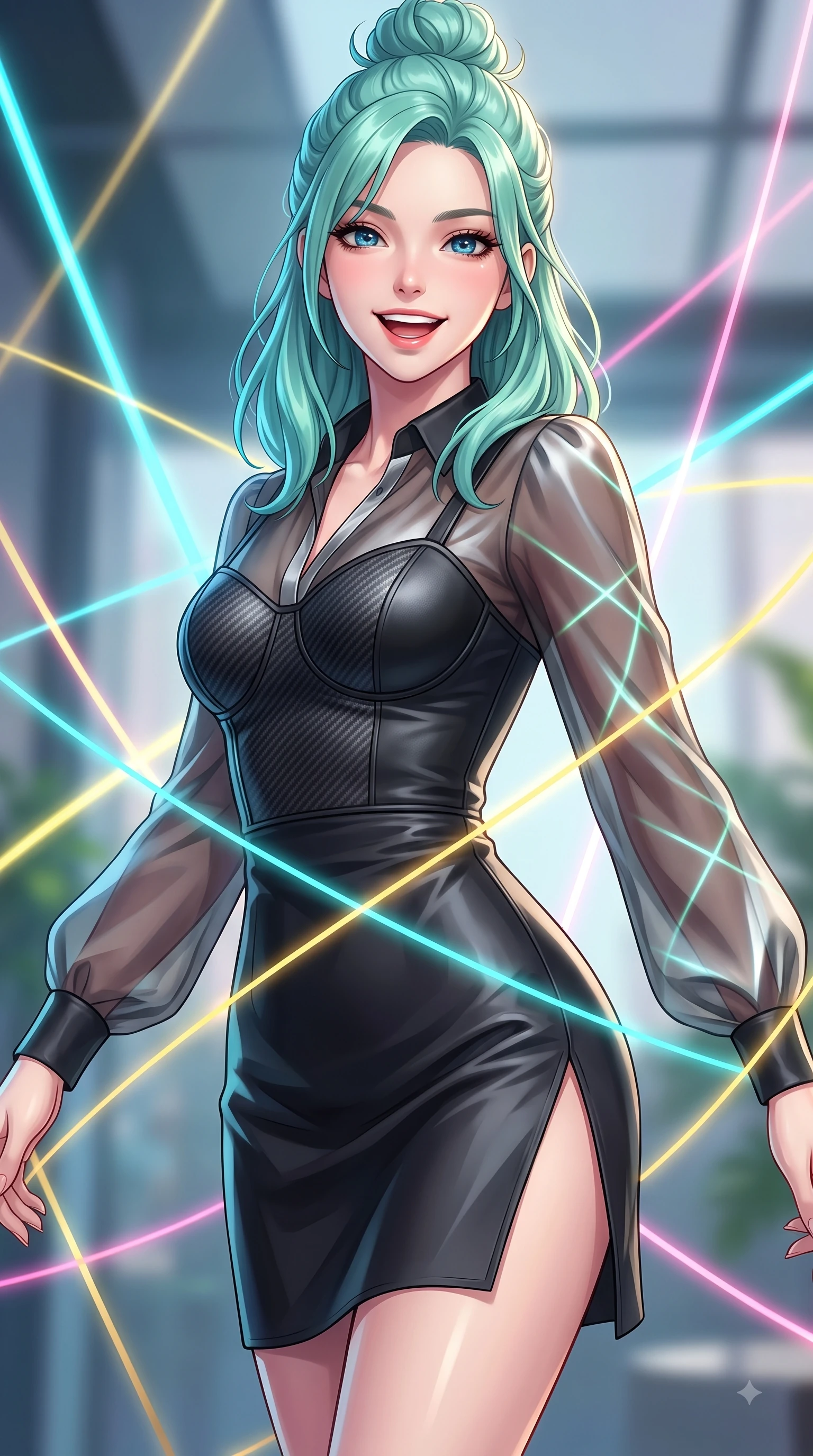score_9, masterpiece, best quality, ultra-detailed, high-budget anime keyframe, editorial fashion photography, tasteful artistic composition, Japanese woman. close-up cowboy shot from the waist and thighs up, the character dominates the composition, filling the frame with her large presence, background elements kept in soft focus. Cheerful beaming smile with parted lips, exuding pure enchanting charm while turning dynamically toward the camera while pivoting her torso in a dynamic S-curve alignment as light threads pulse with happiness, fluorescent cyan, yellow, pink, and gold light threads crossing in 3D space. She has an exceptionally elegant, slender, and willowy female figure with an ultra-slim waist, a gracefully sculpted slender torso, and a refined silhouette. sharp v-shaped jawline, high-bridge nose, intricate jewel-like eyes with depth, thick eyelashes, glossy lips with a natural sheen, flawlessly proportioned anatomical accuracy, natural body alignment, perfectly sculpted elegant limbs, clean dynamic posture without body distortion. wearing a tailored leather bustier over a sheer silk chiffon blouse in matte black and polished silver, made of fine carbon-fiber weave and soft matte leather, finished with a sleek side slit ascending to mid-thigh, the form-contouring material highlighting her ultra-slim waist and long lines. bathed in sharp geometric laser grid highlights and soft airy ambient fill. highly saturated vibrant anime colors, detailed shading with soft gradients, rich glossy textures, high-contrast stereoscopic depth, volumetric dynamic lighting, master piece, 9:16 ratio
