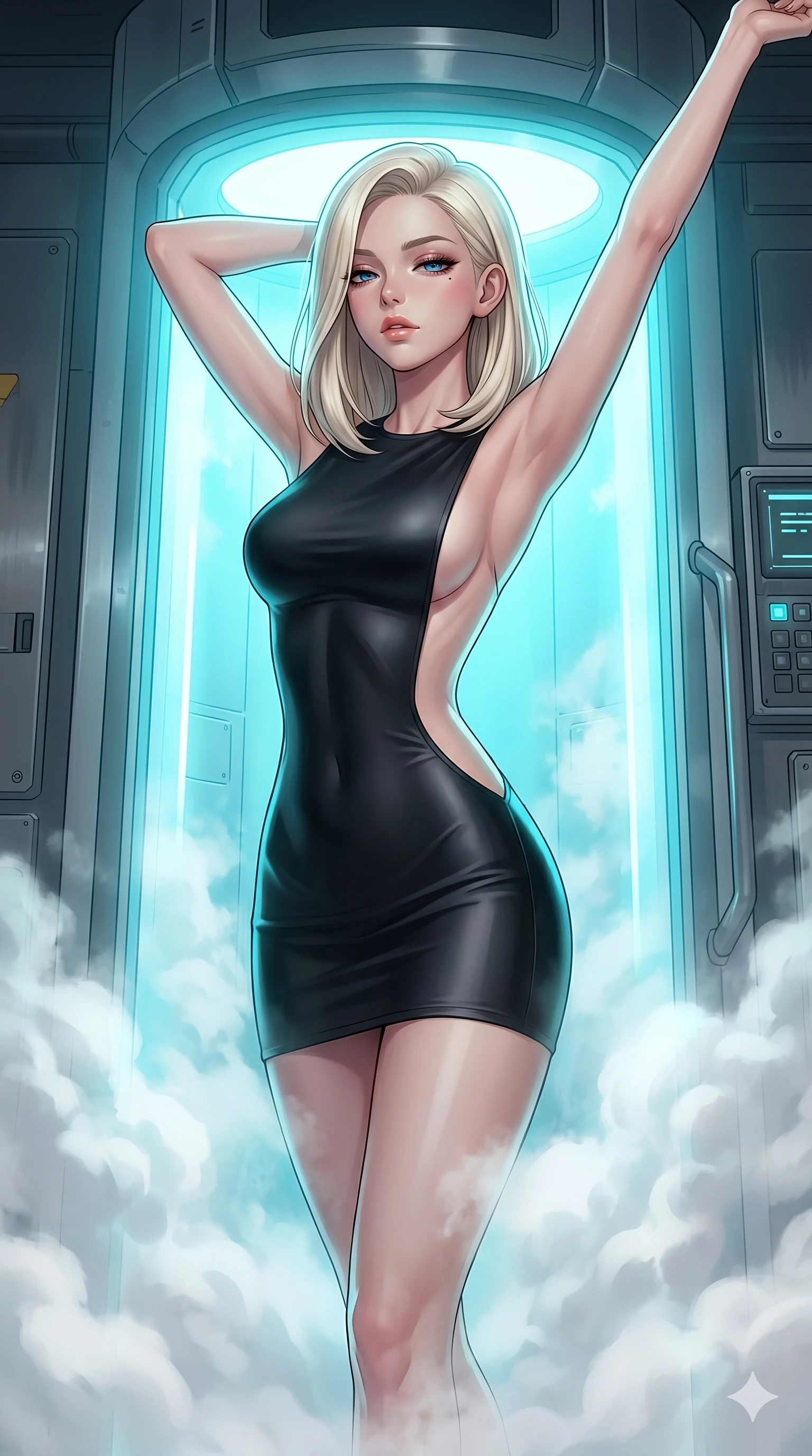 score_9, masterpiece, best quality, ultra-detailed, high-budget anime keyframe, Caucasian woman, strictly human ears. Upper body close-up from the thighs up, character filling the screen for maximum presence. She is stepping out of a glowing cryo-chamber filled with evaporating white volumetric steam. She stretches her arms with a sultry, waking-up expression. She has an absolutely perfect 8-heads proportion, an exceptionally tall and slender female figure with impossibly long slender legs and an ultra-slim waist. V-shaped jawline, high-bridge nose, intricate jewel-like eyes with depth, thick eyelashes, glossy lips with a natural sheen. She is wearing a second-skin fashion-latex mini dress with a clean architectural front, featuring an open-back design that wraps around the sides of her waist, showcasing her slender silhouette. The scene is illuminated by intense cyan backlighting from the chamber and a warm white key light. 2k, ultra detail, master piece, 9:16 ratio