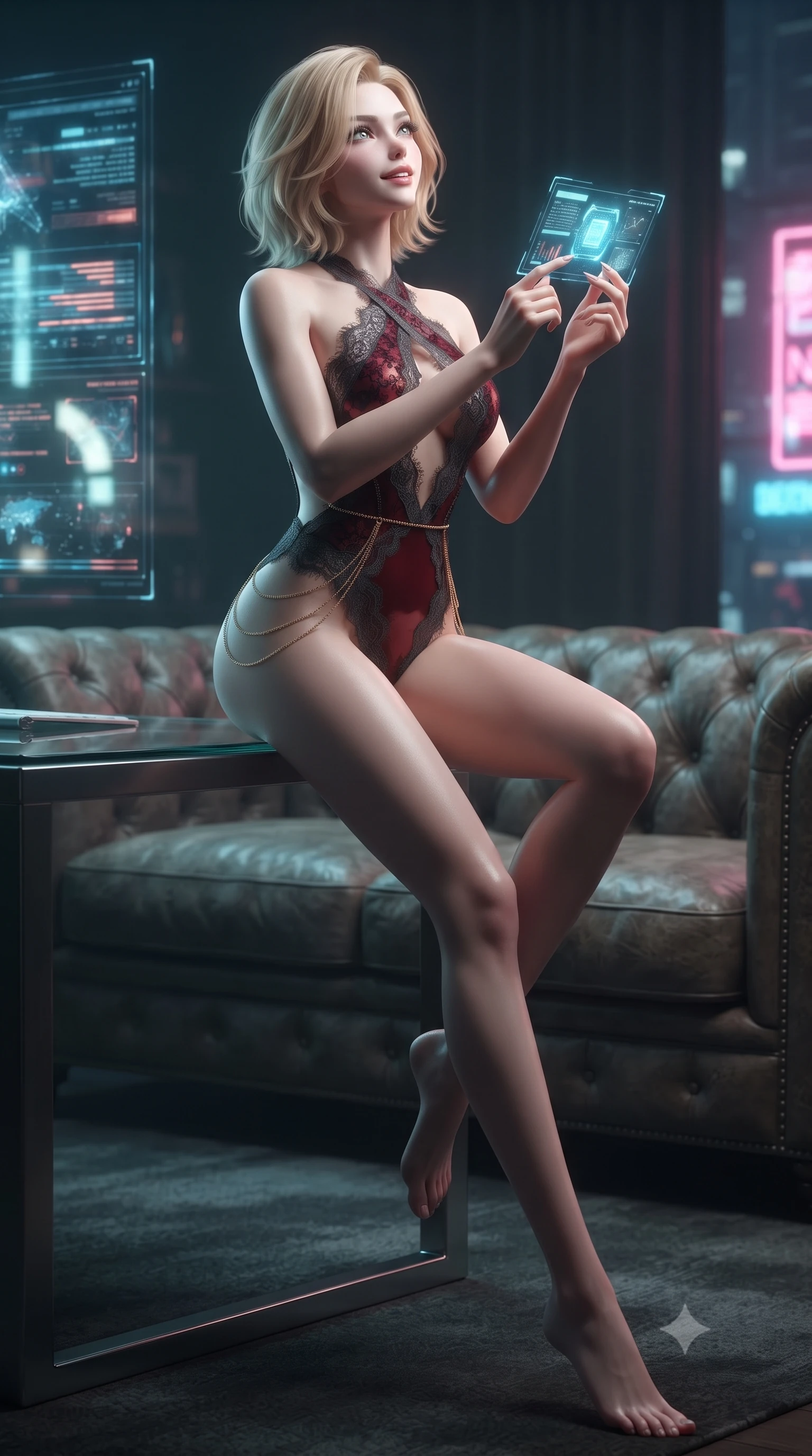 score_9, masterpiece, best quality, ultra-detailed, high-budget anime keyframe, editorial fashion photography, tasteful artistic composition, Caucasian woman. low angle full-body shot from head to toe showing her feet, filling the entire 9:16 vertical frame with her statuesque presence, stretching her vertical silhouette. sitting poised on the stone steps with one knee bent, arching her spine with supermodel elegance as she glances upward through thick eyelashes while perched sideways on the glass desk with one leg extended, toying with a holographic interface chip with smoldering bedroom-eyes. The background shows a soft-focus distressed leather sofa tufting softened in moody neo-noir shallow focus. She has an absolutely perfect, statuesque 8.5-heads proportion, an exceptionally tall and slender model-like female figure with impossibly long slender legs, an ultra-slim waist, a flat toned midriff, narrow delicate ribcage, and beautifully sculpted feminine hips creating a graceful, slim hourglass silhouette without any bulky heaviness. sharp v-shaped jawline, high-bridge nose, sparkling eyes with hypnotic seductive depth, thick curled eyelashes, glossy parted lips with a natural dewy peach sheen, alluring bedroom-eyes with an enchanting coquettish smile, exuding magnetic siren charisma and sophisticated glamour, flawlessly proportioned anatomical accuracy, strict slender model proportions, natural body alignment, perfectly sculpted long slender limbs, ultra-slim waistline, clean dynamic posture without body distortion. wearing a criss-cross halterneck keyhole bodysuit with open back and sculpted waist darts in rich cherry lacquer and smoky charcoal, made of delicate semi-sheer French Chantilly lace with intricate eyelash edges, accented with an open-back drape framed by falling strands of delicate gold chains, the second-skin tailored fabric adhering flawlessly to her sculpted flat midriff and slender torso, emphasizing her long leg lines and perfectly proportioned willowy build. bathed in moody chiaroscuro lighting spilling from glowing holographic displays and exterior city neon. ultra-reflective glossy finish, specular highlights, rich textural contrasts, high-contrast stereoscopic depth, volumetric dynamic lighting, 2k, ultra detail, master piece, 9:16 ratio