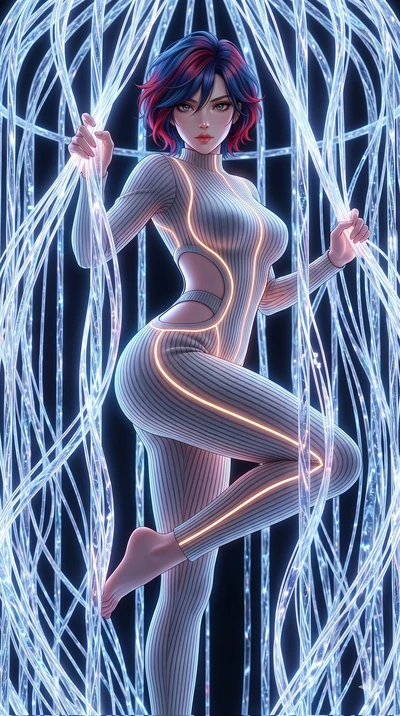 score_9, masterpiece, best quality, ultra-detailed, High-budget Anime Keyframe, East Asian woman. Dynamic full-body shot stretching the vertical silhouette to the limit. Scenario 282: Trapped in a cage of glowing crystalline fibers, body pressing aga