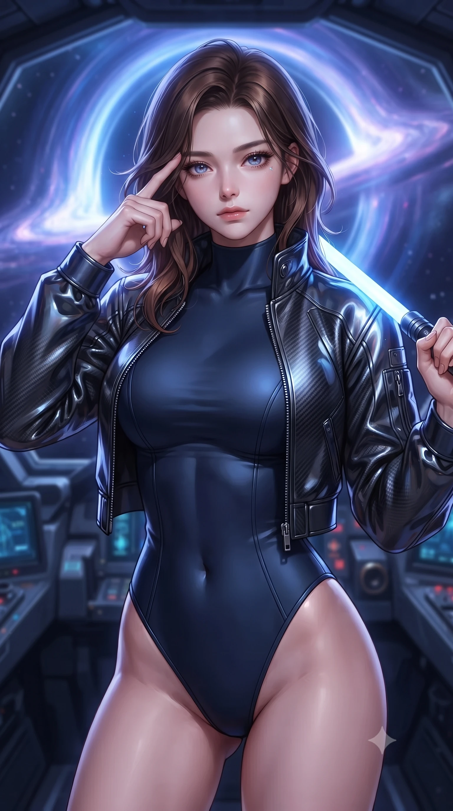 score_9, masterpiece, best quality, ultra-detailed, high-budget anime keyframe, editorial fashion photography, tasteful artistic composition, Korean woman. close-up cowboy shot from the waist and thighs up, the character dominates the composition, filling the frame with her large presence, background elements kept in soft focus. pressing two fingers to her temple while holding a light-spear diagonally behind her in a composed thoughtful gesture, the background shows a soft-focus a high-tech pilot cockpit facing a swirling gravity well in deep space. She has an exceptionally elegant, slender, and willowy female figure with an ultra-slim waist, a gracefully sculpted slender torso, and a refined silhouette. sharp v-shaped jawline, high-bridge nose, intricate jewel-like eyes with depth, thick eyelashes, glossy lips with a natural sheen. wearing a form-contouring form-contouring high-neck bodysuit in midnight blue, worn under an open carbon-plated flight jacket. intense blue and violet light ripples from the singularity casting dynamic reflections. ultra-reflective glossy finish, specular highlights, metallic sheen, high-contrast stereoscopic depth, volumetric dynamic lighting, 2k, ultra detail, master piece, 9:16 ratio
