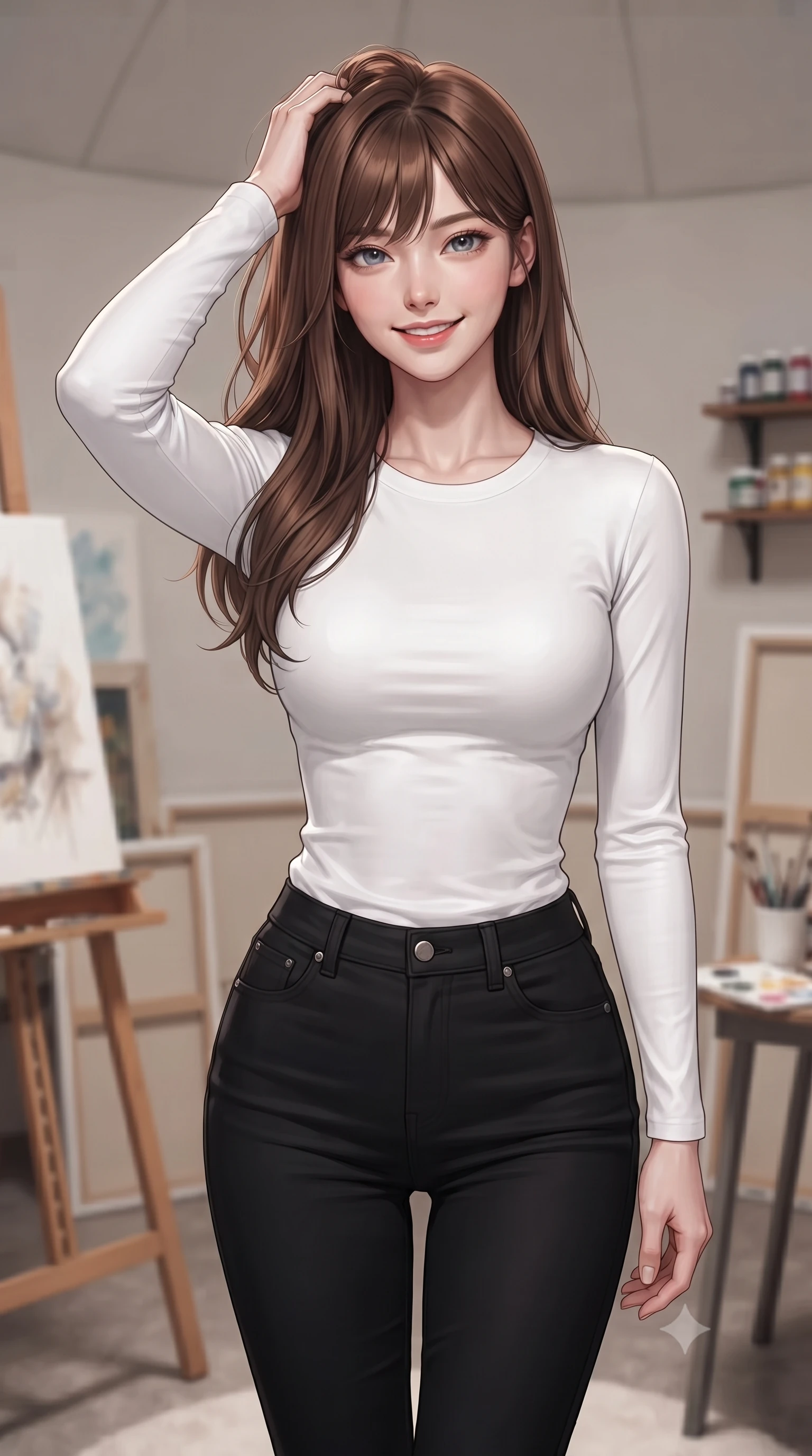score_9, masterpiece, best quality, ultra-detailed, high-budget anime keyframe, editorial fashion photography, tasteful artistic composition, Korean woman. close-up cowboy shot from the waist and thighs up, the character dominates the composition, filling the frame with her large presence, background elements kept in soft focus. smiling with quiet, magnetic self-assurance directly into the camera, running a hand through her hair the background shows a soft-focus a private Art studio dome in the desert filled with canvases and paints. She has an exceptionally elegant, slender, and willowy female figure with an ultra-slim waist, a gracefully sculpted slender torso, and a refined silhouette. sharp v-shaped jawline, high-bridge nose, intricate jewel-like eyes with depth, thick eyelashes, glossy lips with a natural sheen. wearing a body-hugging tight-fitting long-sleeve tee in pure white, tucked into high-waisted black skinny pants. crisp North daylight casting soft, consistent lighting over the workspace. ultra-reflective glossy finish, specular highlights, metallic sheen, high-contrast stereoscopic depth, volumetric dynamic lighting, 2k, ultra detail, master piece, 9:16 ratio