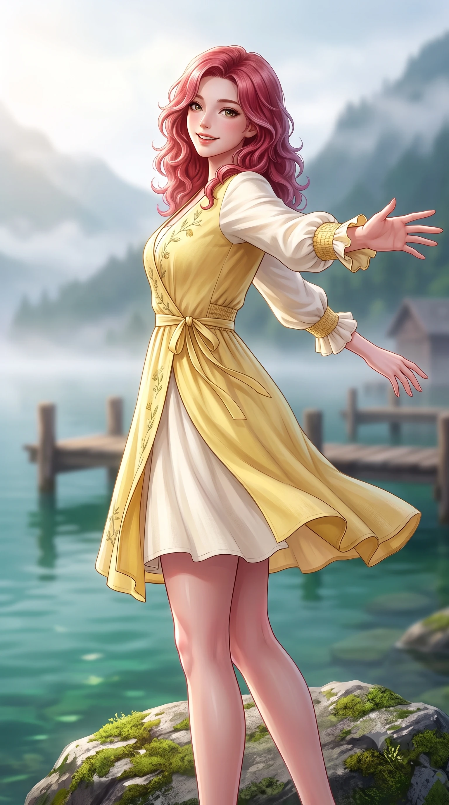 score_9, masterpiece, best quality, ultra-detailed, high-budget anime keyframe, semi-realistic 3D game render, editorial fashion photography, tasteful artistic composition, Caucasian woman. close-up cowboy shot from the waist and thighs up, the character dominates the composition, filling the frame with her large presence. extending one arm gracefully toward the scenery while turning back with an infectious, heartwarming smile while standing poised on a mossy lakeside boulder with open arms, taking a deep breath of fresh pine-scented mountain air. The composition keeps background elements in soft focus with creamy bokeh. misty mountain shorelines and vintage wooden docks softened in smooth cinematic shallow focus. She has an exceptionally elegant, slender, and willowy female figure with an ultra-slim waist, a gracefully sculpted slender torso, toned flat midriff, and a refined slim silhouette. sharp v-shaped jawline, high-bridge nose, intricate jewel-like eyes with depth, thick eyelashes, glossy lips with a natural sheen, pure and lovely fresh girlhood expression, flawlessly proportioned anatomical accuracy, strict slender model proportions, natural body alignment, perfectly sculpted long slender limbs, ultra-slim waistline, clean dynamic posture without body distortion. wearing a romantic wrap-style linen sundress with subtle botanical embroidery and a dainty waist tie in fresh buttercup yellow and clean cream white, crafted from soft breathable linen that flutters gently in the breeze, accented with soft smocked elastic details and ruffled cuff trims, the tailored casual silhouette highlighting her fresh and youthful presence and perfectly proportioned slender frame. illuminated by soft morning mist backlighting and emerald water ambient bounce. highly saturated vibrant anime colors, detailed shading with soft gradients, rich glossy textures, high-contrast stereoscopic depth, volumetric dynamic lighting, master piece, 9:16 ratio