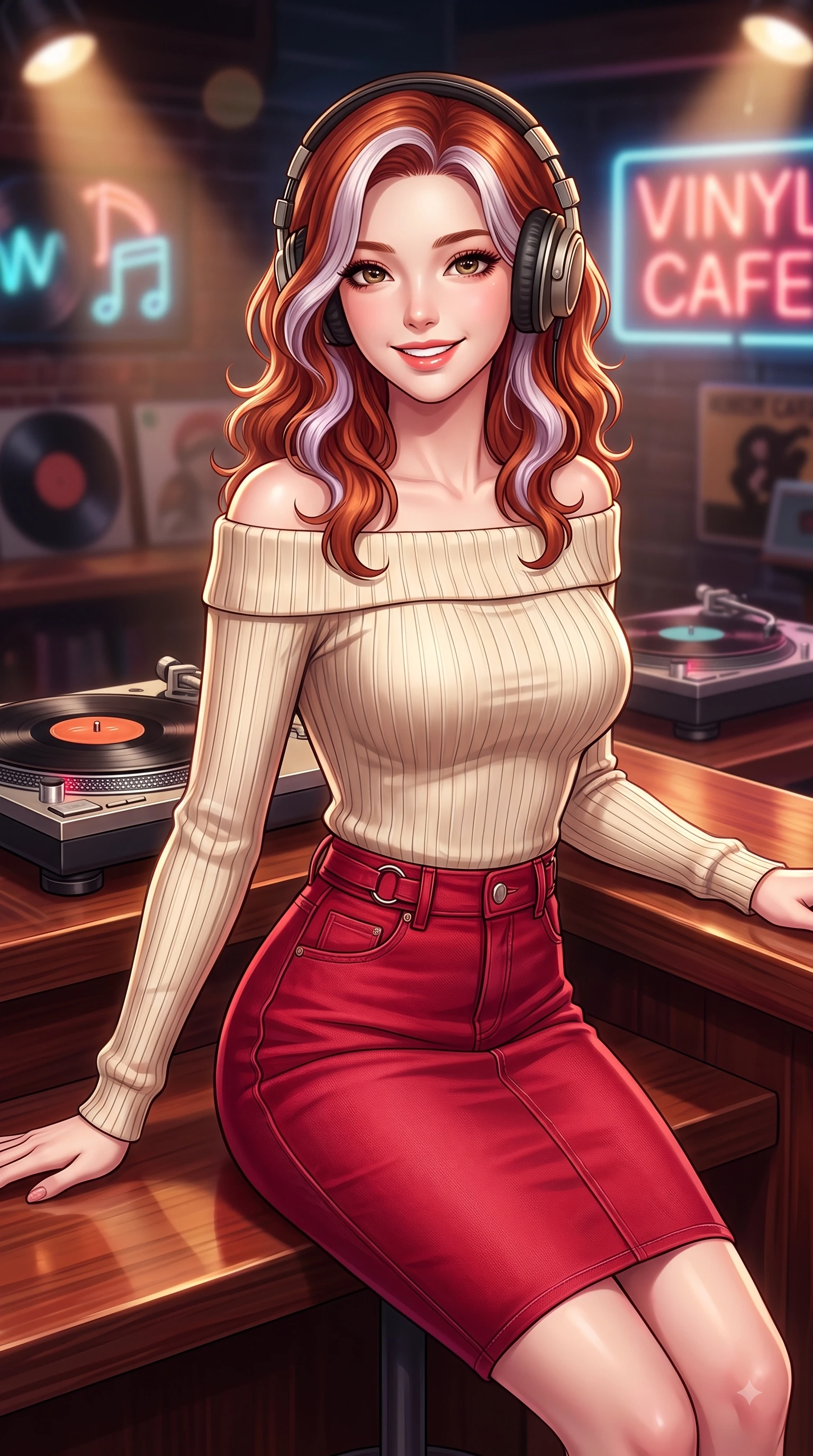score_9, masterpiece, best quality, ultra-detailed, high-budget anime keyframe, editorial fashion photography, tasteful artistic composition, Caucasian woman. close-up cowboy shot from the waist and thighs up, the character dominates the composition, filling the frame with her large presence. Gazing directly into the camera with a fresh, infectious smile as her torso curves dynamically in mid-stride while sitting at a wooden counter wearing vintage headphones with a joyful, relaxed smile. The composition keeps background elements in soft focus with dreamy bokeh. turntables and neon music signs softened by gentle warm depth of field. She has an exceptionally elegant, slender, and willowy female figure with an ultra-slim waist, a gracefully sculpted slender torso, and a refined silhouette. sharp v-shaped jawline, high-bridge nose, intricate jewel-like eyes with depth, thick eyelashes, glossy lips with a natural sheen, flawlessly proportioned anatomical accuracy, natural body alignment, perfectly sculpted elegant limbs, clean dynamic posture without body distortion. wearing a sleek off-shoulder ribbed sweater paired with a high-waisted fitted denim pencil skirt in vivid crimson red and champagne cream, made of premium stretch jersey that follows her curves like a glove, accented with subtle metallic ring hardware framing her waist, the tailored fabric tightly following every curve of her athletic build. illuminated by cozy directional spotlights and rich mahogany reflections. highly saturated vibrant anime colors, detailed shading with soft gradients, rich glossy textures, high-contrast stereoscopic depth, volumetric dynamic lighting, master piece, 9:16 ratio