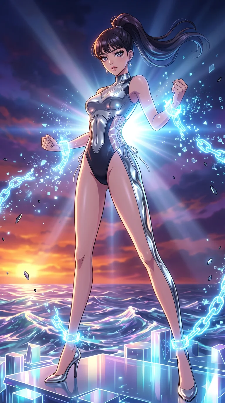 score_9, masterpiece, best quality, ultra-detailed, High-budget Anime Keyframe, vibrant colors, fluid line-art, expressive lighting, cinematic composition, Ufotable-style visual effects, top-tier animation quality, Korean woman with idol-like refined features. Dynamic full-body shot stretching the vertical silhouette, capturing her from a powerful low-angle perspective. Breaking free from glowing energy chains with a powerful burst of inner light, the links shattering into digital dust. She has an absolutely perfect 8-heads proportion, an exceptionally tall and slender female figure with impossibly long slender legs and an ultra-slim waist, her statuesque height and towering silhouette dominating the vertical 9:16 frame. Her face is a masterpiece featuring a sharp v-shaped jawline, high-bridge nose, intricate jewel-like eyes with depth, thick eyelashes, and glossy lips with a natural sheen. She is wearing a High-cut leotard with metallic plating and translucent PVC panels on the sides crafted from Molten liquid mercury that flows and reflects the environment with metallic perfection, featuring a deep plunging neckline and delicate lace-up side details. The scene is set in a vibrant sunset over a futuristic crystalline ocean with waves made of liquid light, illuminated by volumetric light beams cutting through a hazy atmosphere, creating a sense of depth. 2k, ultra detail, master piece, 9:16 ratio