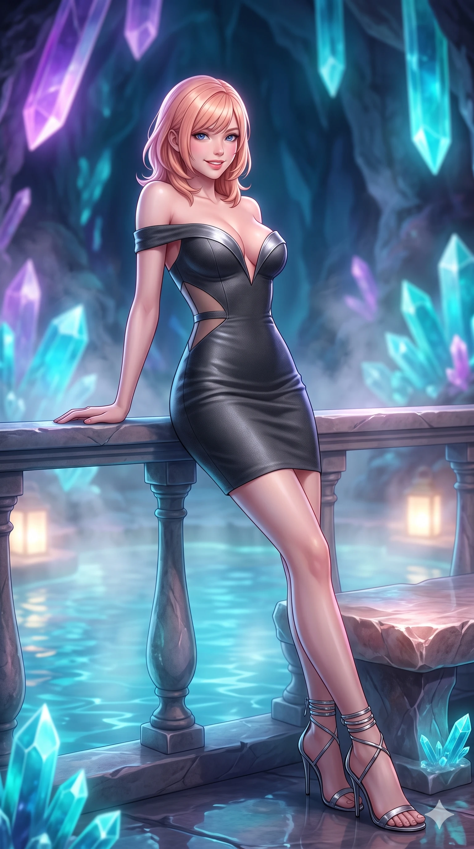 score_9, masterpiece, best quality, ultra-detailed, high-budget anime keyframe, semi-realistic 3D game render, editorial fashion photography, tasteful artistic composition, Japanese woman. low angle full-body shot from head to toe showing her feet, filling the entire 9:16 vertical frame with her statuesque presence, stretching her vertical silhouette. leaning deep against the balcony balustrade with hips cocked back in an unapologetically alluring high-fashion stance, casting an intoxicating glance while lounging gracefully across the warm crystalline stone bench propped on one elbow with legs extended, displaying her long slender limbs and statuesque hourglass silhouette. The background shows a soft-focus warm geode steam softened in subterranean crystal sanctuary shallow focus. She has an exceptionally tall and slender model-like 8.5-heads proportion, an ultra-slim waist, a flat toned midriff, narrow delicate ribcage, and beautifully sculpted feminine hips creating a graceful, slim hourglass silhouette without any bulky heaviness, with impossibly long slender legs. sharp v-shaped jawline, high-bridge nose, intricate jewel-like sparkling eyes with depth, thick eyelashes, glossy parted lips with a natural peach sheen, bright cheerful beaming smile with an enchanting and coquettish sensual glint, exuding both youthful cute charm and seductive allure, flawlessly proportioned anatomical accuracy, strict slender model proportions, natural body alignment, perfectly sculpted long slender limbs, ultra-slim waistline, clean dynamic posture without body distortion. wearing an alluring plunging sweetheart bodice dress with sheer mesh side-waist cutouts contouring her ribs in charcoal grey and polished chrome, crafted from bespoke double-faced cashmere with an exceptionally soft tactile finish, complemented by strappy stiletto sandals with metallic ankle wraps accentuating her slender calves, the liquid-tight tailored fabric clinging flawlessly to her narrow waist and rounded feminine hips, emphasizing every millimeter of her sculpted slim hourglass curves without any bulky heaviness. bathed in the natural phosphorescent glow of ultraviolet and cyan crystals combined with warm mineral pool LEDs. highly saturated vibrant anime colors, detailed shading with soft gradients, rich glossy textures, high-contrast stereoscopic depth, volumetric dynamic lighting, master piece, 9:16 ratio
