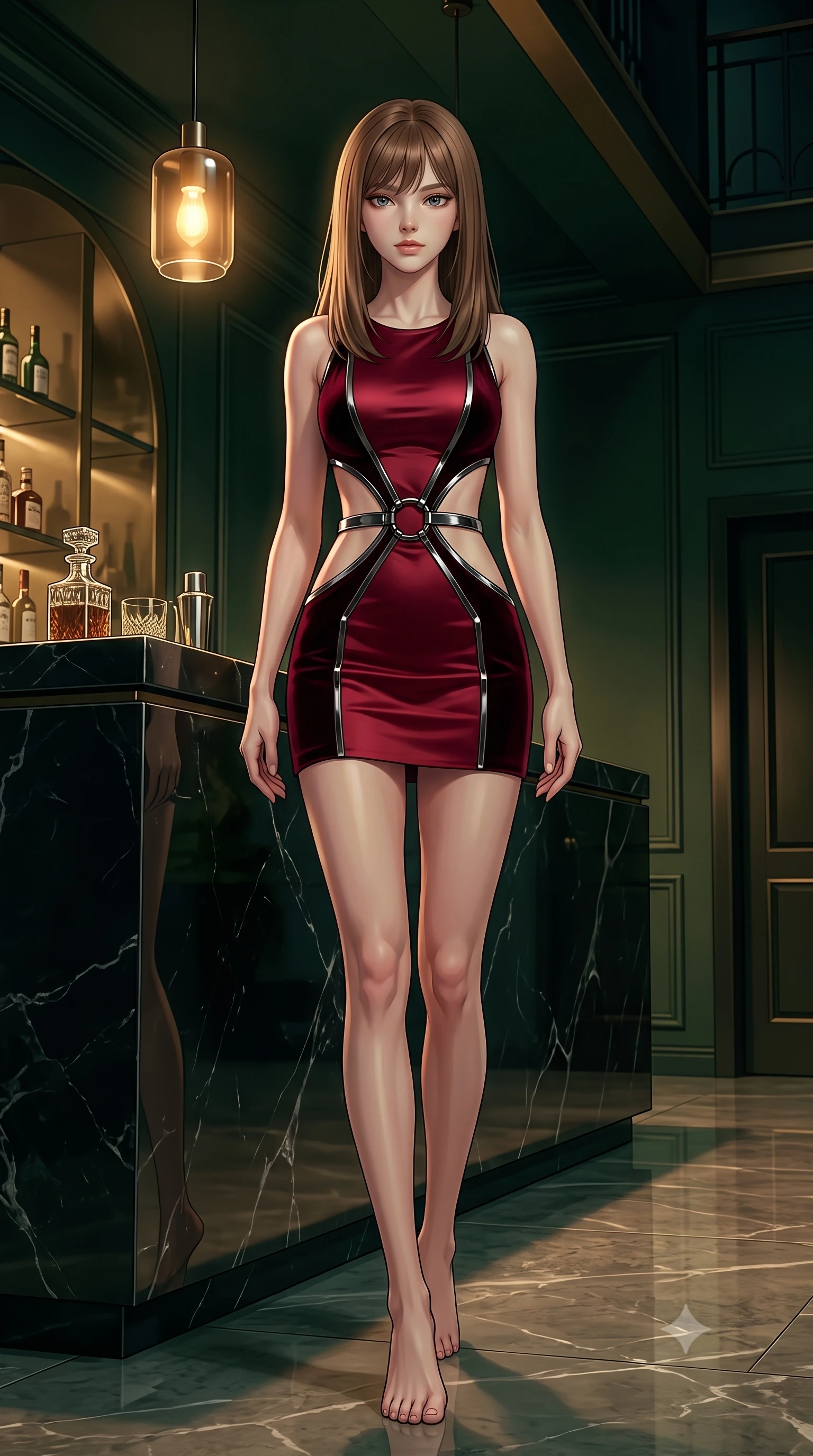 score_9, masterpiece, best quality, ultra-detailed, high-budget anime keyframe, editorial fashion photography, tasteful artistic composition, Korean woman. low angle full-body shot from head to toe showing her feet, filling the entire 9:16 vertical frame with her statuesque presence, stretching her vertical silhouette. navigating the private sanctuary with an effortless, graceful stride, standing beside a polished black marble bar counter under a low amber pendant light, sensual nocturnal ambiance with high-fashion luxury details. She has an absolutely perfect, statuesque 8.5-heads proportion, an exceptionally tall and slender model-like female figure with impossibly long slender legs and an ultra-slim waist. sharp v-shaped jawline, high-bridge nose, intricate jewel-like eyes with depth, thick eyelashes, glossy lips with a natural sheen. wearing dramatic architectural open-waist cutout mini dress in dark velvet framed by chrome hardware in metallic dark silver, made of soft crimson satin, trimmed with dark chrome ring hardware along the waist contours, accentuating her gracefully sculpted slender torso. bathed in rich dark emerald and gold tones with high-contrast shadows. highly saturated vibrant anime colors, detailed shading with soft gradients, rich glossy textures, high-contrast stereoscopic depth, volumetric dynamic lighting, master piece, 9:16 ratio