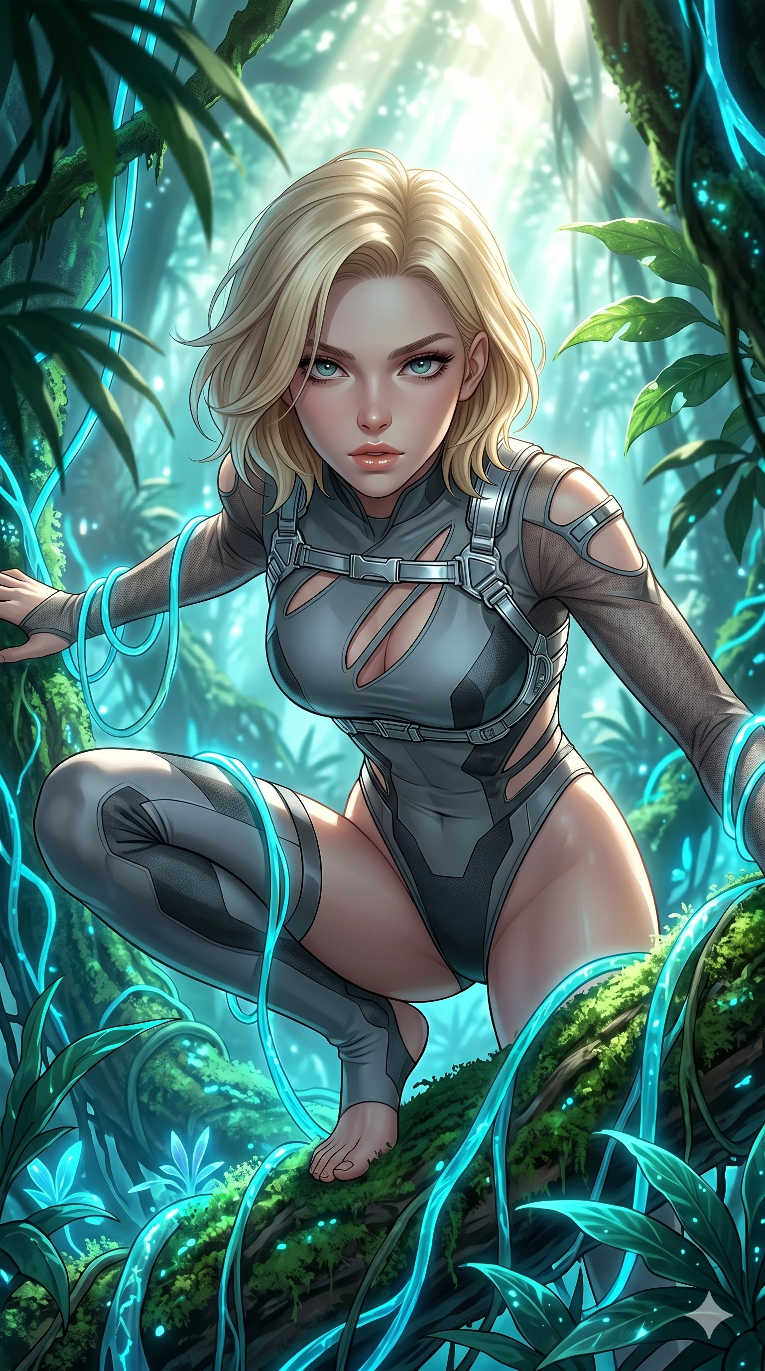 score_9, masterpiece, best quality, ultra-detailed, high-budget anime keyframe, editorial fashion photography, tasteful artistic composition, Caucasian woman, strictly human ears. Upper body close-up from the thighs up, character filling the screen for maximum presence. She is crouching dynamically on a massive bioluminescent jungle root, wrapped in glowing vines. She leans close to the camera, looking through the foliage with a piercing, animalistic gaze. She has an absolutely perfect 8-heads proportion, an exceptionally tall and slender female figure with impossibly long slender legs and an ultra-slim waist. V-shaped jawline, high-bridge nose, intricate jewel-like eyes with depth, thick eyelashes, glossy lips with a natural sheen. She is wearing an ultra-sleek high-cut tech-bodysuit featuring dangerous diagonal slitted cutouts on the midriff and shoulders, reinforced by a metallic silver harness and sheer mesh sleeves. The scene is bathed in bright sunbeams filtering through a dense canopy and glowing cyan ambient forest light. 2k, ultra detail, master piece, 9:16 ratio