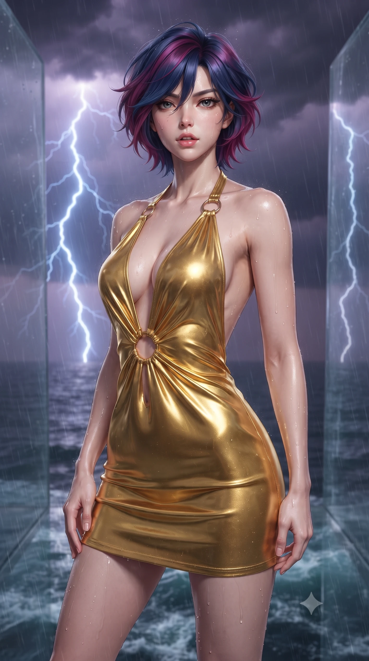 score_9, masterpiece, best quality, ultra-detailed, high-budget anime keyframe, editorial fashion photography, tasteful artistic composition, Korean woman. close-up cowboy shot from the waist and thighs up, the character dominates the composition, filling the frame with her large presence, background elements kept in soft focus. Looking directly at the camera with a bold fearless expression and parted lips. set against a soft-focus background of standing on translucent glass cliffs during a violent thunderstorm with forked lightning splitting the dark sky rain hammering the glass surface and the churning ocean visible far below through the transparent rock. She has an exceptionally elegant and slender, willowy female figure with an ultra-slim waist, a gracefully sculpted slender torso, and a refined slim physique. sharp v-shaped jawline, high-bridge nose, intricate jewel-like eyes with depth, thick eyelashes, glossy lips with a natural sheen. wearing a backless halter mini dress in liquid yellow gold, featuring a plunging front cutout and gold rings at her waist. dramatic stroboscopic lightning flashes in electric blue-white against the dark storm sky with brief moments of total illumination followed by deep atmospheric purple-grey darkness. 2k, ultra detail, master piece, 9:16 ratio