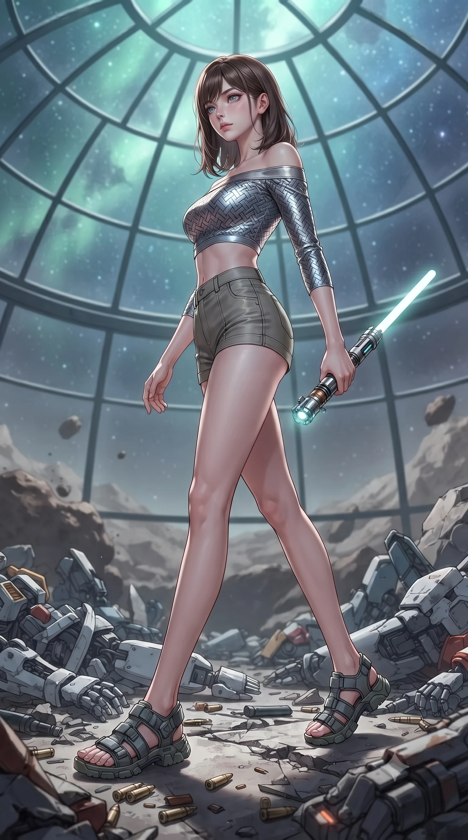 score_9, masterpiece, best quality, ultra-detailed, high-budget anime keyframe, editorial fashion photography, tasteful artistic composition, Korean woman. low angle full-body shot from head to toe showing her feet, filling the entire 9:16 vertical frame with her statuesque presence, stretching her vertical silhouette. stepping gracefully through battlefield debris with a glowing saber hilt in hand, looking back over her shoulder, the background shows a soft-focus an observatory glass dome built on a high mountain peak of a barren asteroid. She has an absolutely perfect, statuesque 8.5-heads proportion, an exceptionally tall and slender model-like female figure with impossibly long slender legs and an ultra-slim waist. sharp v-shaped jawline, high-bridge nose, intricate jewel-like eyes with depth, thick eyelashes, glossy lips with a natural sheen. wearing a body-hugging chic off-shoulder carbon-plate crop top, paired with high-waisted utility micro-shorts. soft green and indigo starlight filtering through the glass dome ceiling panels. ultra-reflective glossy finish, specular highlights, metallic sheen, high-contrast stereoscopic depth, volumetric dynamic lighting, 2k, ultra detail, master piece, 9:16 ratio