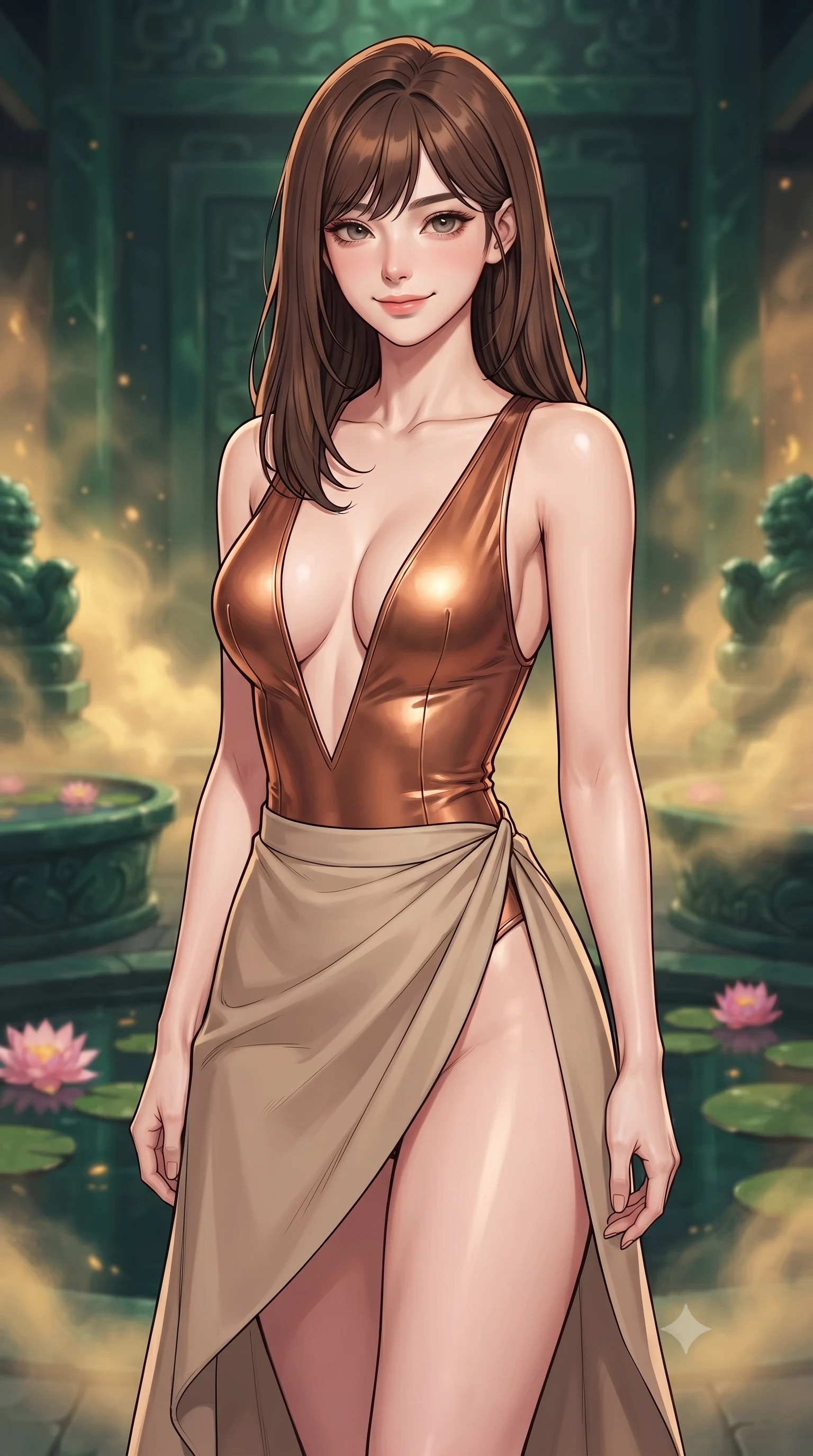 score_9, masterpiece, best quality, ultra-detailed, high-budget anime keyframe, editorial fashion photography, tasteful artistic composition, gorgeous anime illustration, with clean line-art, distinct ink outlines, and high-contrast stereoscopic depth, Korean woman. close-up cowboy shot from the waist and thighs up, the character dominates the composition, filling the frame with her large presence, background elements kept in soft focus. Smiling softly with a knowing, happy look in her eyes. set against a soft-focus background of in a mythical courtyard built of dark green jade stone, with floating pink lotus blossoms in ornamental ponds and golden fog drifting above the water. She has an exceptionally elegant, slender, and willowy female figure with a highly-defined ultra-slim waist, a gracefully sculpted slender torso, and a refined slim-fit silhouette that contours her form. sharp v-shaped jawline, high-bridge nose, intricate jewel-like eyes with depth, thick eyelashes, glossy lips with a natural sheen. wearing a metallic copper bodysuit with a deep V-cut front, paired with a flowing beige asymmetrical wrap skirt. warm golden inner glow from the jade structures, combined with soft amber light filtering through the celestial mist. 2k, ultra detail, master piece, 9:16 ratio, highly saturated vibrant anime colors, detailed cel-shading with soft gradients, rich glossy textures, deep contrast, volumetric dynamic lighting, 2d animation style
