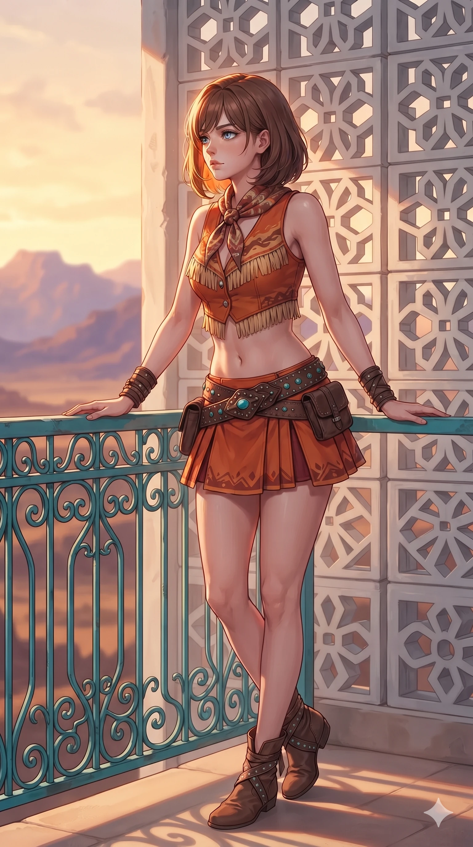 score_9, masterpiece, best quality, ultra-detailed, high-budget anime keyframe, editorial fashion photography, tasteful artistic composition, Caucasian woman. low angle full-body shot from head to toe showing her feet, filling the entire 9:16 vertical frame with her statuesque presence, stretching her vertical silhouette. executing a slow, graceful pivot turn as her wrap skirt sways around her slender legs, glancing back with an enchanting, teasing sensual expression while leaning over the turquoise metal balcony railing with hips cocked back, looking down with sleepy seductive bedroom-eyes as neon light paints her silhouette. The background shows a soft-focus geometric white breeze blocks, retro room door numbers with glowing amber sconces, and distant purple desert mountains blurred into turquoise, amber, and slate bokeh. She has an absolutely perfect, statuesque 8.5-heads proportion, an exceptionally tall and slender model-like female figure with impossibly long slender legs, an ultra-slim waist, a flat toned midriff, narrow delicate ribcage, and beautifully sculpted feminine hips creating a graceful, slim hourglass silhouette without any bulky heaviness. sharp v-shaped jawline, high-bridge nose, sparkling eyes with hypnotic seductive depth, thick curled eyelashes, glossy parted lips with a natural dewy peach sheen, alluring bedroom-eyes with an enchanting coquettish smile, exuding magnetic siren charisma and sophisticated glamour, flawlessly proportioned anatomical accuracy, strict slender model proportions, natural body alignment, perfectly sculpted long slender limbs, ultra-slim waistline, clean dynamic posture without body distortion. wearing a modern two-piece desert outlaw set featuring a zip-front crop jacket and curve-hugging low-rise biker shorts in blazing desert sunset orange and deep canyon crimson, crafted from rugged heavy-duty canvas and oiled leather with authentic desert durability, finished with sleek heavy-duty brass zip pulls and buckled moto straps, the bespoke structured tailoring following the natural line of her 8.5-heads silhouette with refined elegance. illuminated by concrete walkway bounce and sharp coral-amber rim lights defining her razor-sharp jawline, narrow waist, and curvy hips. ultra-reflective glossy finish, specular highlights, rich textural contrasts, high-contrast stereoscopic depth, volumetric dynamic lighting, 2k, ultra detail, master piece, 9:16 ratio