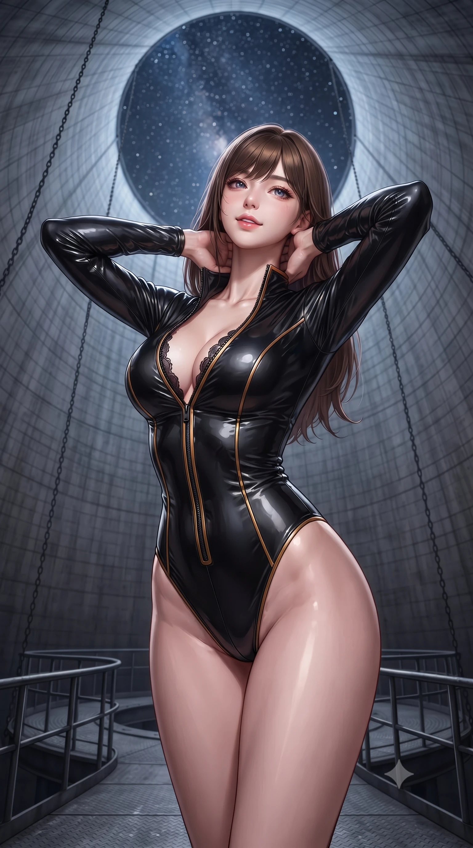score_9, masterpiece, best quality, ultra-detailed, high-budget anime keyframe, editorial fashion photography, tasteful artistic composition, Korean woman. close-up cowboy shot from the waist and thighs up, the character dominates the composition, filling the frame with her large presence. resting both hands lightly behind her neck with elbows raised, arching her spine to highlight her narrow waist, flat midriff, and breathtaking collarbones while standing centered on the circular metal catwalk inside the colossal hyperboloid cooling tower, arching her back toward the starry sky above. The background shows a soft-focus the towering curving concrete walls of the cooling tower, hanging chains, and star-filled circular opening blurred into charcoal, slate, and starlight bokeh. She has an exceptionally elegant, slender, and willowy female figure with an ultra-slim waist, flat toned midriff, narrow ribcage, and sculpted feminine hips creating an alluring, slim hourglass silhouette without bulk. sharp v-shaped jawline, high-bridge nose, sparkling eyes with hypnotic seductive depth, thick curled eyelashes, glossy parted lips with a natural dewy peach sheen, alluring bedroom-eyes with an enchanting coquettish smile, exuding magnetic siren charisma and sophisticated glamour, flawlessly proportioned anatomical accuracy, strict slender model proportions, natural body alignment, perfectly sculpted long slender limbs, ultra-slim waistline, clean dynamic posture without body distortion. wearing a form-contouring liquid-tight matte-black tactical bodysuit with a plunging front zipper and high-cut leg openings in warm amber honey and antique gold leaf, crafted from wet-look high-gloss vinyl fabric with dazzling specular surface reflections, finished with scalloped eyelash lace trim framing her sweetheart neckline with intimate elegance, the liquid-tight tailored fabric clinging flawlessly to her narrow waist and rounded feminine hips, emphasizing every millimeter of her sculpted slim hourglass curves without any bulky heaviness. illuminated by concrete bounce fill and sharp cold-platinum rim lights sculpting her razor-sharp jawline, narrow waist, and curvy hips. ultra-reflective glossy finish, specular highlights, rich textural contrasts, high-contrast stereoscopic depth, volumetric dynamic lighting, 2k, ultra detail, master piece, 9:16 ratio
