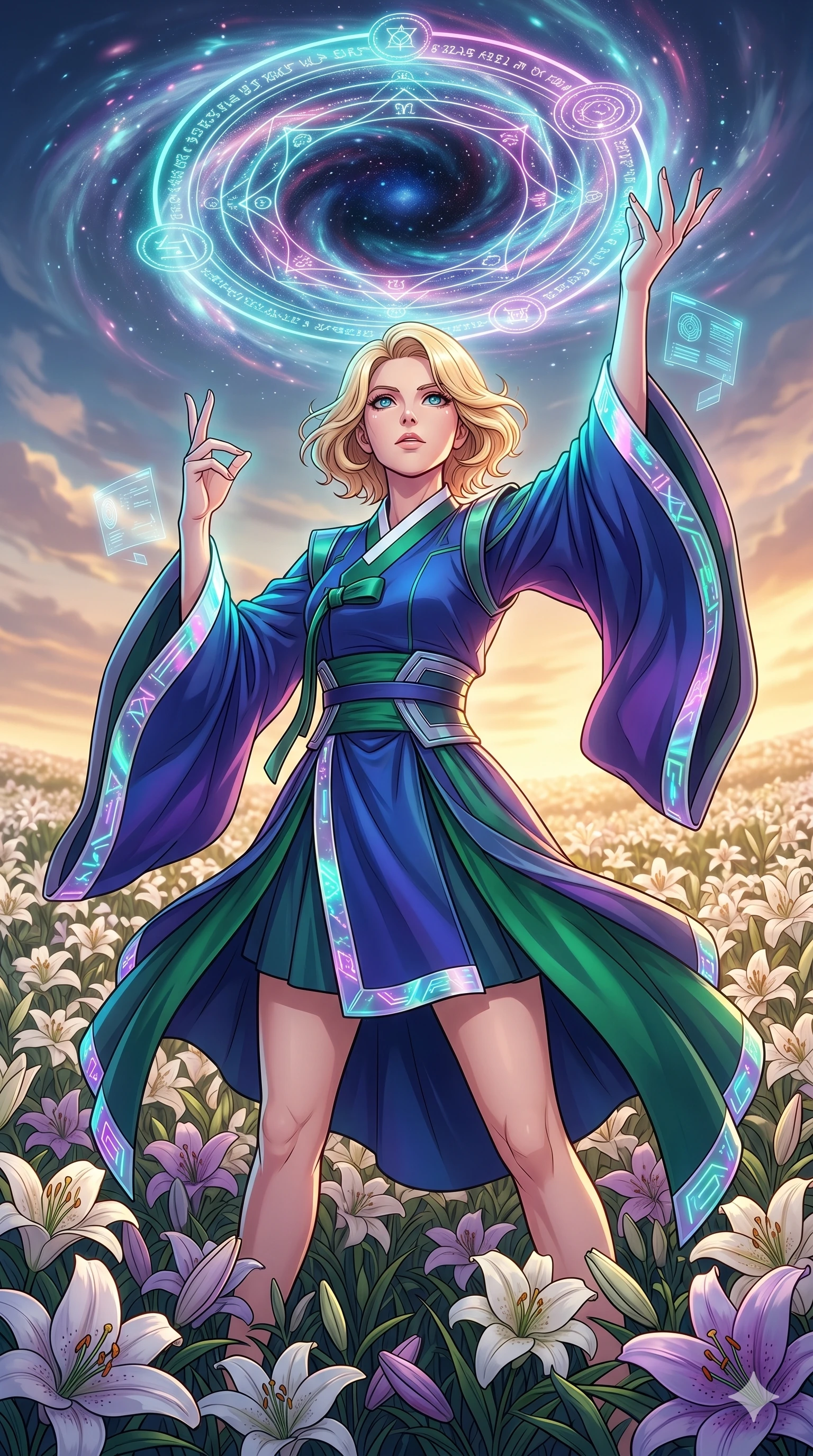 score_9, masterpiece, best quality, ultra-detailed, high-budget anime movie keyframe, cinematic anime lighting, intricate line art, Caucasian (strictly human ears) woman. Low angle cowboy shot capturing a powerful motion and statuesque presence. summoning a gateway to another dimension in a field of lilies. She has an graceful and slender female figure with elegant proportions. strictly human anatomy, two legs only, no extra limbs, clearly defined legs and arms, well-defined anatomy, perfect hands and fingers. sharp v-shaped jawline, high-bridge nose, intricate jewel-like eyes, thick eyelashes, glossy lips. Wearing Modern Traditional: Modernized cyber-hanbok with elegant silk robes and holographic accents. The scene is illuminated by dramatic atmospheric lighting and vibrant color palettes. , 2k, ultra detail, master piece, 9:16 ratio