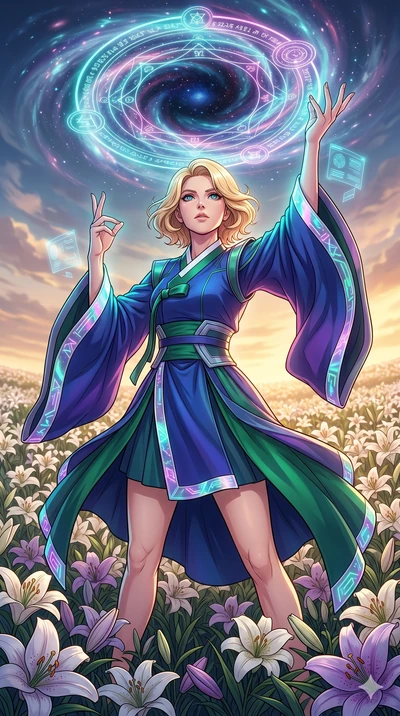 score_9, masterpiece, best quality, ultra-detailed, high-budget anime movie keyframe, cinematic anime lighting, intricate line art, Caucasian (strictly human ears) woman. Low angle cowboy shot capturing a powerful motion and statuesque presence. summ