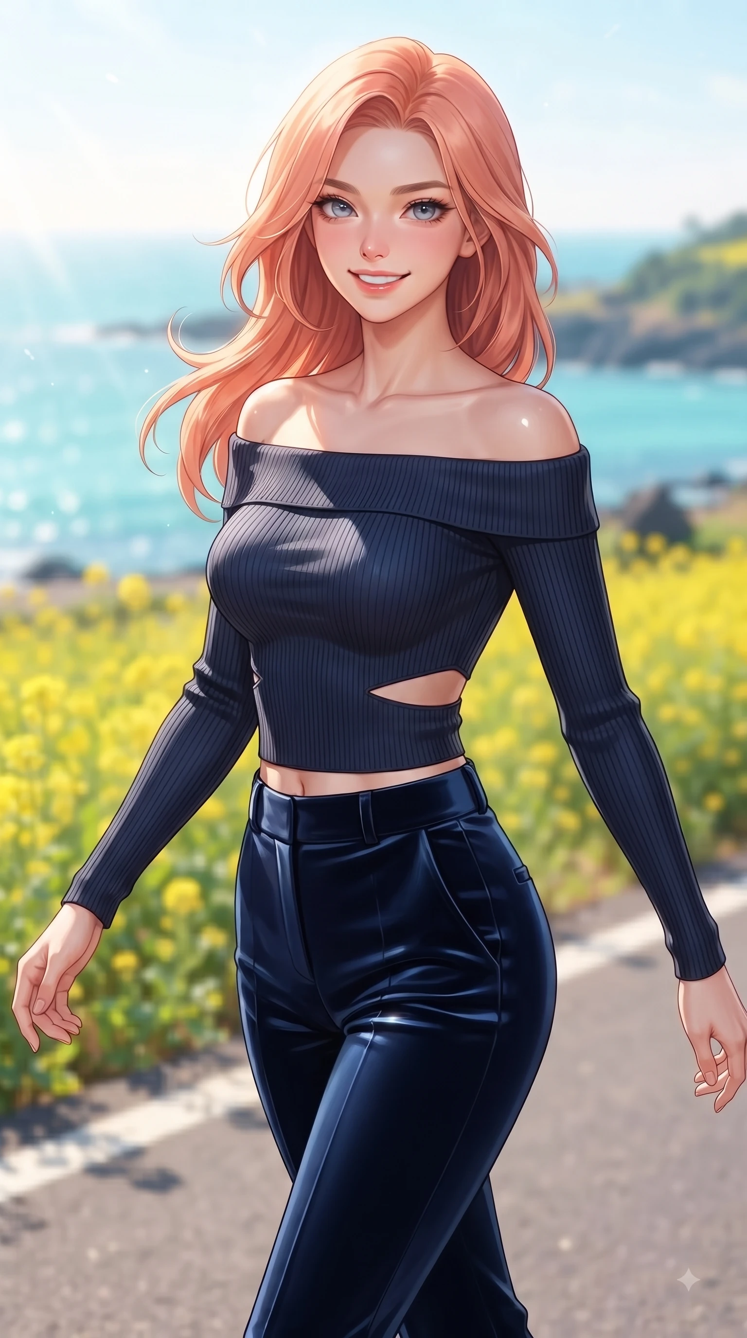 score_9, masterpiece, best quality, ultra-detailed, high-budget anime keyframe, editorial fashion photography, tasteful artistic composition, Japanese woman. close-up cowboy shot from the waist and thighs up, the character dominates the composition, filling the frame with her large presence, background elements kept in soft focus. Youthful bright smile exuding pure cute charm and fresh energy, her torso turning dynamically into the lens while walking cheerfully along a Jeju island coastal road flanked by yellow canola flower fields, fresh ocean breeze billowing her summer sundress into fluid, uplifting motions. She has an exceptionally elegant, slender, and willowy female figure with an ultra-slim waist, a gracefully sculpted slender torso, and a refined silhouette. sharp v-shaped jawline, high-bridge nose, intricate jewel-like eyes with depth, thick eyelashes, glossy lips with a natural sheen, flawlessly proportioned anatomical accuracy, natural body alignment, perfectly sculpted elegant limbs, clean dynamic posture without body distortion. wearing a sleek off-shoulder ribbed knit top paired with high-waist tailored pants in midnight navy blue and chrome trim, made of premium stretch velvet with a rich sheen, featuring subtle geometric cutouts that highlight her ultra-slim midriff, the sleek second-skin texture accentuating her magnetic presence. bathed in bright sunny tropical sunbeams and sparkling turquoise sea refractions. ultra-reflective glossy finish, specular highlights, metallic sheen, high-contrast stereoscopic depth, volumetric dynamic lighting, 2k, ultra detail, master piece, 9:16 ratio