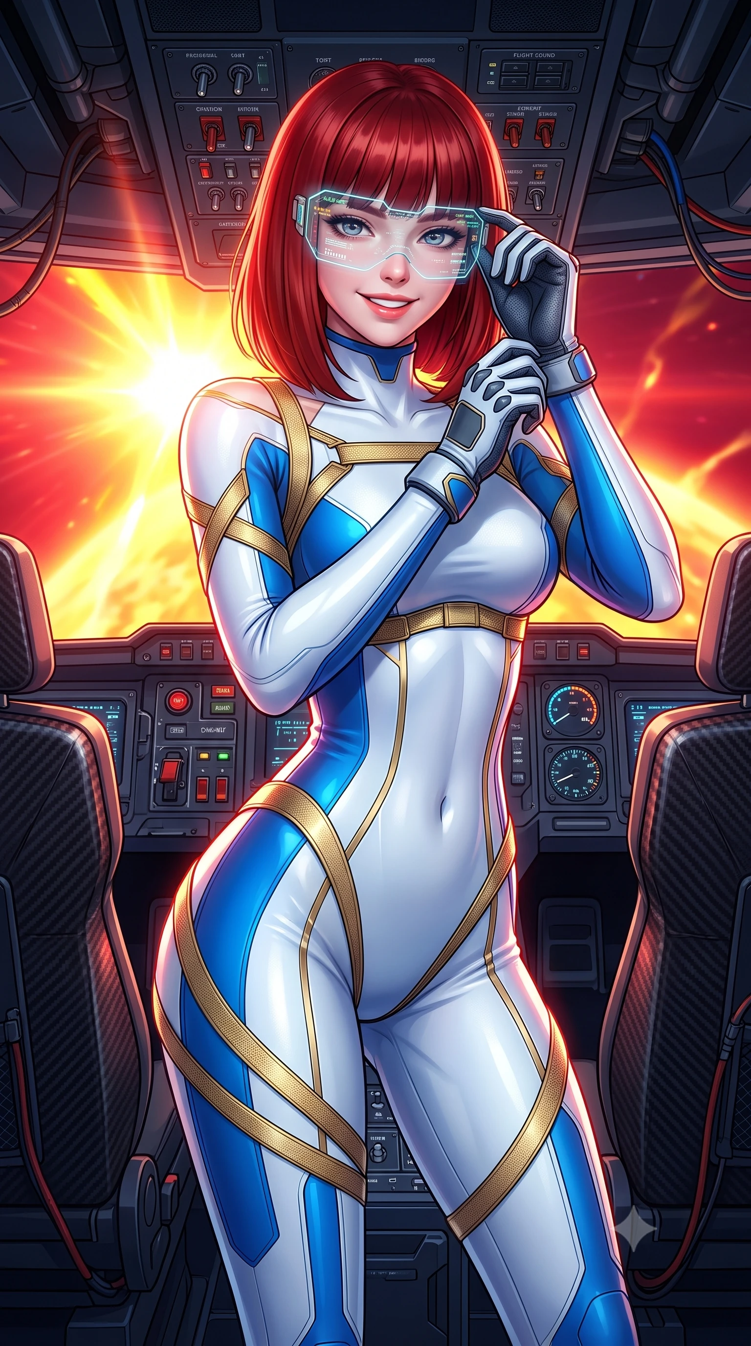 score_9, masterpiece, best quality, ultra-detailed, high-budget anime keyframe, semi-realistic 3D game render, editorial fashion photography, tasteful artistic composition, Caucasian woman. close-up cowboy shot from the waist and thighs up, the character dominates the composition, filling the frame with her large presence. adjusting her tactical glove with cool confidence, her bright smile capturing fresh girlhood charm while her arched torso reveals an intoxicating hip contour while standing poised between flight consoles with hips cocked back, looking into the lens with fearless bedroom-eyes through a holographic HUD visor. The surrounding environment is rendered in vivid detail and crisp panoramic clarity: sharp toggle switches, illuminated cockpit instrumentation dials, and carbon fiber flight seat weave in deep focus. She has an exceptionally elegant, slender, and willowy female figure with an ultra-slim waist, flat toned midriff, narrow ribcage, and sculpted feminine hips creating an alluring, slim hourglass silhouette without bulk. sharp v-shaped jawline, high-bridge nose, intricate jewel-like sparkling eyes with depth, thick eyelashes, glossy parted lips with a natural sheen, bright confident smile with an enchanting and coquettish sensual glint, exuding both youthful magnetic charm and sovereign high-tech allure, flawlessly proportioned anatomical accuracy, strict slender model proportions, natural body alignment, perfectly sculpted long slender limbs, ultra-slim waistline, clean dynamic posture without body distortion. wearing a form-fitting white-and-gold zero-gravity EVA jumpsuit with an ultra-slim corseted waist and exposed clavicle line in arctic snowflake white and electric plasma blue, made of supple second-skin compression stretch jersey clinging flawlessly to her form, finished with criss-cross Kevlar tactical straps tracing her graceful shoulder blades, the form-fitting tactical tailoring adhering flawlessly to her sculpted flat midriff and slender torso, emphasizing her long leg lines and perfectly proportioned willowy build. bathed in intense yellow and crimson light flares from the erupting sun casting dynamic reflections. highly saturated vibrant anime colors, detailed shading with soft gradients, rich glossy textures, high-contrast stereoscopic depth, volumetric dynamic lighting, master piece, 9:16 ratio