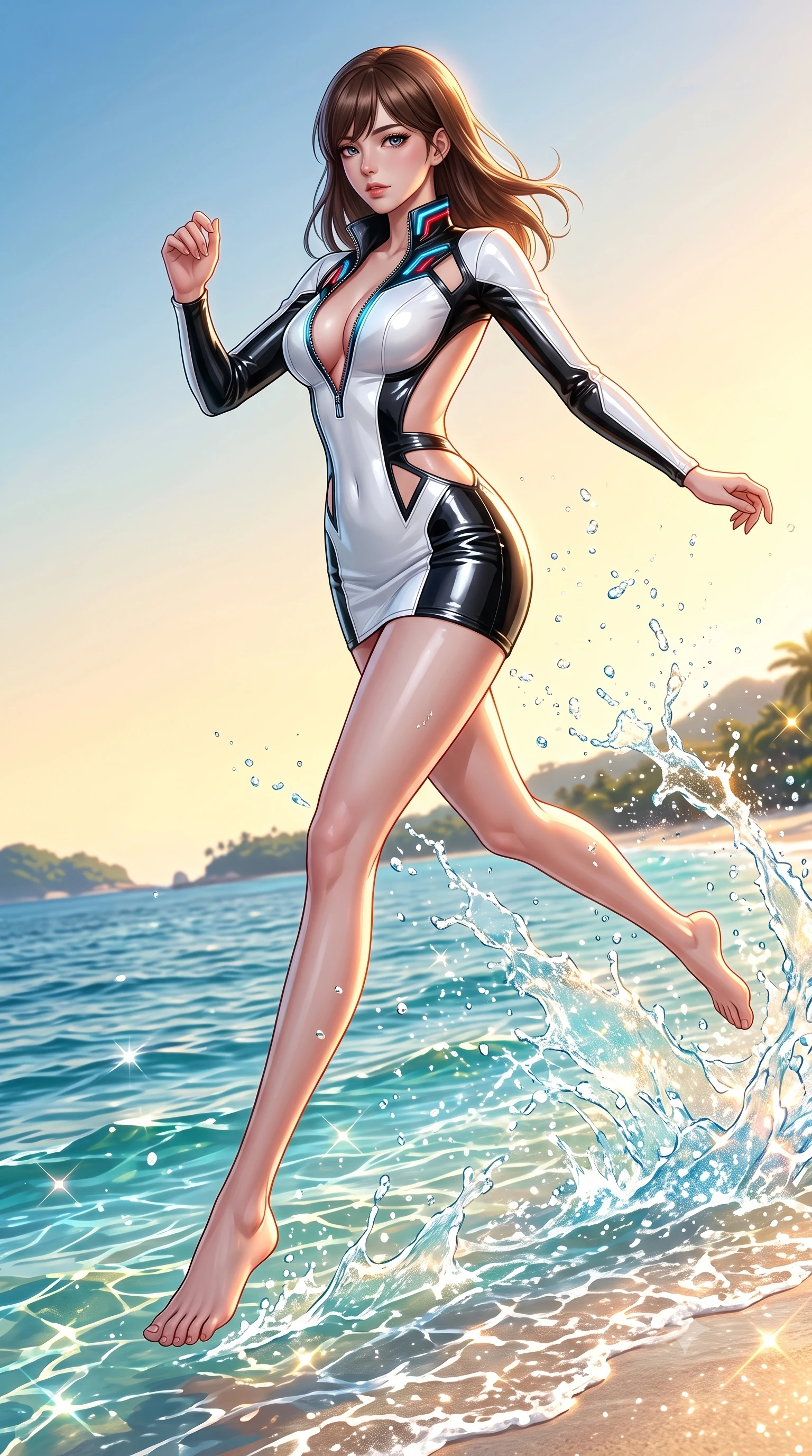 score_9, masterpiece, best quality, ultra-detailed, high-budget anime keyframe, semi-realistic 3D game render, editorial fashion photography, tasteful artistic composition, Korean woman. low angle full-body shot from head to toe showing her feet, filling the entire 9:16 vertical frame with her statuesque presence, stretching her vertical silhouette. leaping through mid-air with an athletic yet alluring arch of her spine, her impossibly long slender legs stretched in flawless poise while pivoting in mid-stride along the water edge as bright tropical sea spray sparkles in mid-air. The surrounding environment is rendered in vivid detail and crisp panoramic clarity. glistening water refractions and scenic coastal landscapes captured with environmental precision. She has an absolutely perfect, statuesque 8.5-heads proportion, an exceptionally tall and slender model-like female figure with impossibly long slender legs, a toned flat midriff, and an ultra-slim waist. sharp v-shaped jawline, high-bridge nose, intricate jewel-like eyes with depth, thick eyelashes, glossy lips with a natural sheen, flawlessly proportioned anatomical accuracy, strict slender model proportions, natural body alignment, perfectly sculpted long slender limbs, ultra-slim waistline, clean dynamic posture without body distortion. wearing a second-skin fashion-latex mini dress with a clean architectural front, featuring an open-back design that wraps around the sides of her waist, showcasing her slender silhouette in high-gloss monochrome white and sharp black contrast, formed from high-gloss patent material with specular light reflections, featuring a dangerously unzipped neckline framed by glowing cybernetic accents, the sleek second-skin cut tightly hugging her graceful clavicle, narrow waist, and feminine curves with athletic precision. illuminated by pure sky radiance with crisp golden rim lights accentuating her silhouette. highly saturated vibrant anime colors, detailed shading with soft gradients, rich glossy textures, high-contrast stereoscopic depth, volumetric dynamic lighting, master piece, 9:16 ratio
