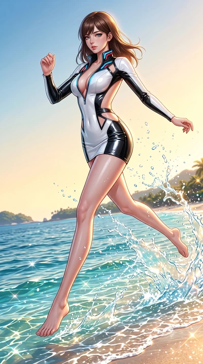 score_9, masterpiece, best quality, ultra-detailed, high-budget anime keyframe, semi-realistic 3D game render, editorial fashion photography, tasteful artistic composition, Korean woman. low angle full-body shot from head to toe showing her feet, fil