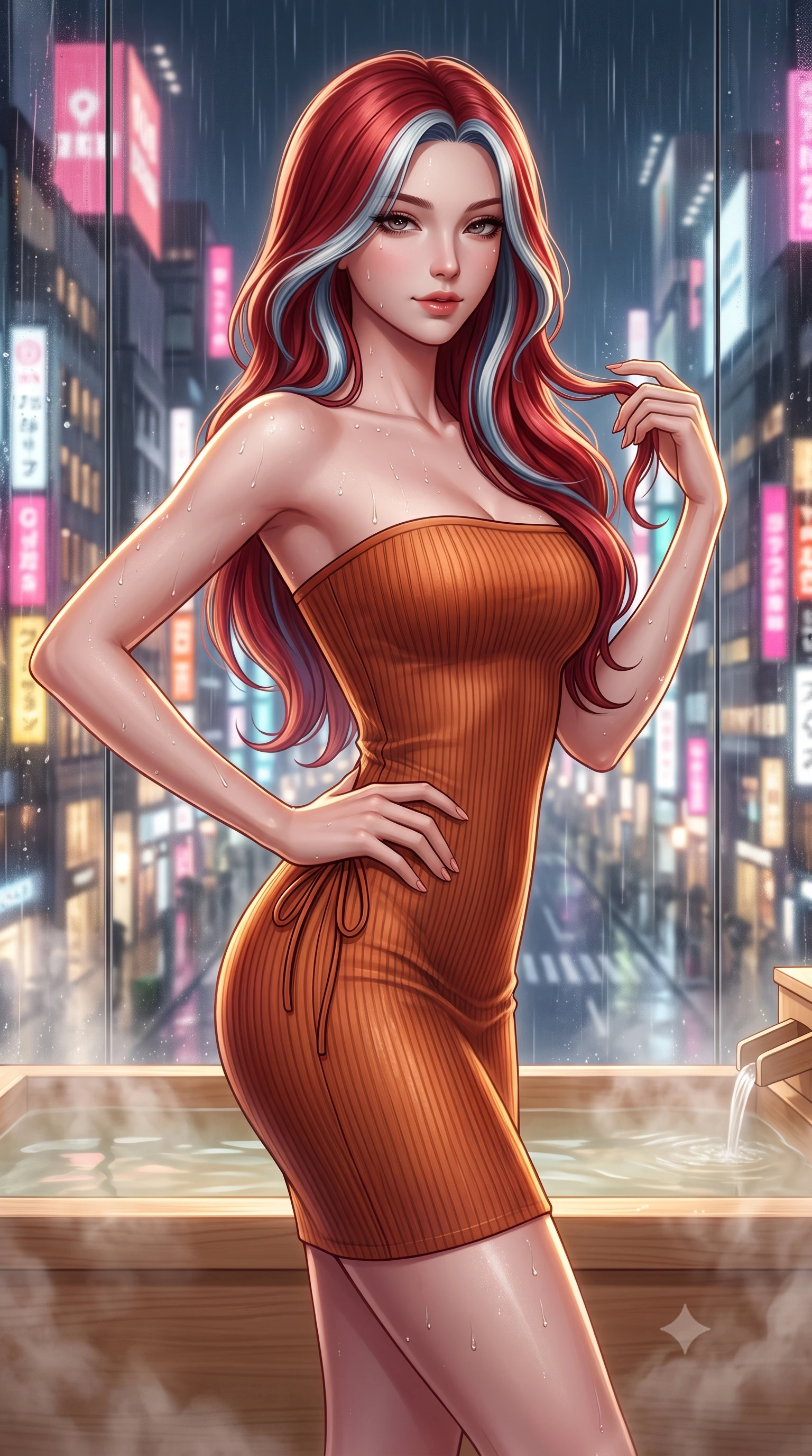 score_9, masterpiece, best quality, ultra-detailed, high-budget anime keyframe, semi-realistic 3D game render, editorial fashion photography, tasteful artistic composition, Caucasian woman. close-up cowboy shot from the waist and thighs up, the character dominates the composition, filling the frame with her large presence. twisting her slender torso in an alluring contrapposto stance, one hand resting on her sculpted hip while her fingers toy with her hair with effortless poise while standing beside the steaming hinoki tub with hips cocked back, looking out through frameless glass at the rainy Ginza skyline with bedroom-eyes. The background shows a soft-focus rain-slicked Ginza high-rise neon signs, towering luxury department store facades, and rising aromatic wood steam blurred into neon-pink, gold, and charcoal bokeh. She has an exceptionally elegant, slender, and willowy female figure with an ultra-slim waist, flat toned midriff, narrow ribcage, and sculpted feminine hips creating an alluring, slim hourglass silhouette without bulk. sharp v-shaped jawline, high-bridge nose, sparkling eyes with hypnotic seductive depth, thick curled eyelashes, glossy parted lips with a natural dewy peach sheen, alluring bedroom-eyes with an enchanting coquettish smile, exuding magnetic siren charisma and sophisticated glamour, flawlessly proportioned anatomical accuracy, strict slender model proportions, natural body alignment, perfectly sculpted long slender limbs, ultra-slim waistline, clean dynamic posture without body distortion. wearing a form-contouring ribbed knit tube dress with subtle side-lace ties tracing the curve of her hips in sun-drenched Tuscan terracotta and burnished copper, tailored from fine structural neoprene with crisp architectural edges and smooth contouring, finished with glistening drops of hot spring water beading across her sculpted shoulders and collarbones, the form-contouring silhouette accentuating her sculpted flat midriff, narrow delicate ribcage, and gracefully curvy hips with intoxicating allure. illuminated by wet glass reflections and sharp champagne-gold rim lights defining her delicate clavicles, ultra-slim waist, and curvy hips. highly saturated vibrant anime colors, detailed shading with soft gradients, rich glossy textures, high-contrast stereoscopic depth, volumetric dynamic lighting, master piece, 9:16 ratio