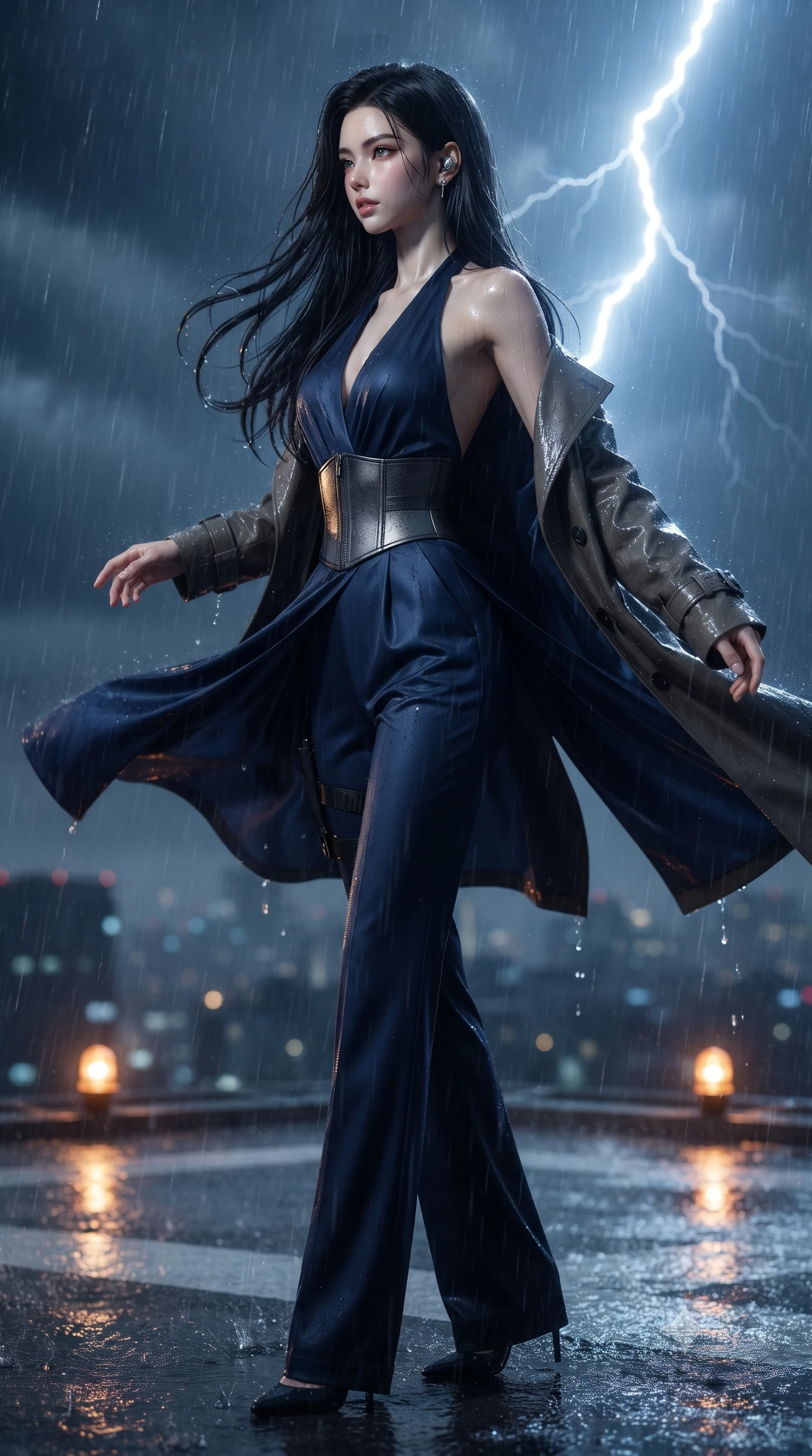 score_9, masterpiece, best quality, ultra-detailed, high-budget anime keyframe, editorial fashion photography, tasteful artistic composition, Korean woman. low angle full-body shot from head to toe showing her feet, filling the entire 9:16 vertical frame with her statuesque presence, stretching her vertical silhouette. executing an elegant mid-motion spin with effortless grace, her garments fluttering softly around her ultra-slim waistline while infiltrating a torrential midnight rooftop helipad 80 stories high as lightning flashes illuminate her wet tactical trench coat. The composition keeps background elements in soft focus with creamy bokeh. helipad perimeter warning beacons and swirling storm rain sheets softened in cinematic shallow focus. She has an absolutely perfect, statuesque 8.5-heads proportion, an exceptionally tall and slender model-like female figure with impossibly long slender legs, a toned flat midriff, and an ultra-slim waist. sharp v-shaped jawline, high-bridge nose, intricate jewel-like eyes with depth, thick eyelashes, glossy lips with a natural sheen, captivating and magnetic expression, flawlessly proportioned anatomical accuracy, strict slender model proportions, natural body alignment, perfectly sculpted long slender limbs, ultra-slim waistline, clean dynamic posture without body distortion. wearing a high-society undercover halter-neck jumpsuit with a tailored deep-V back and integrated tactical waist cincher in deep midnight blue and brushed gunmetal, tailored from fluid silk crepe with inner ballistic reinforcement, accessorized with a sleek concealed garter holster and pearl ear transmitter edition #25, the breezy yet form-flattering drape swaying gracefully with her steps, accentuating her long willowy limbs and slim waistline. bathed in blinding white storm lightning flash backlighting and warm amber perimeter beacon fill. ultra-reflective glossy finish, specular highlights, rich textural contrasts, high-contrast stereoscopic depth, volumetric dynamic lighting, 2k, ultra detail, master piece, 9:16 ratio