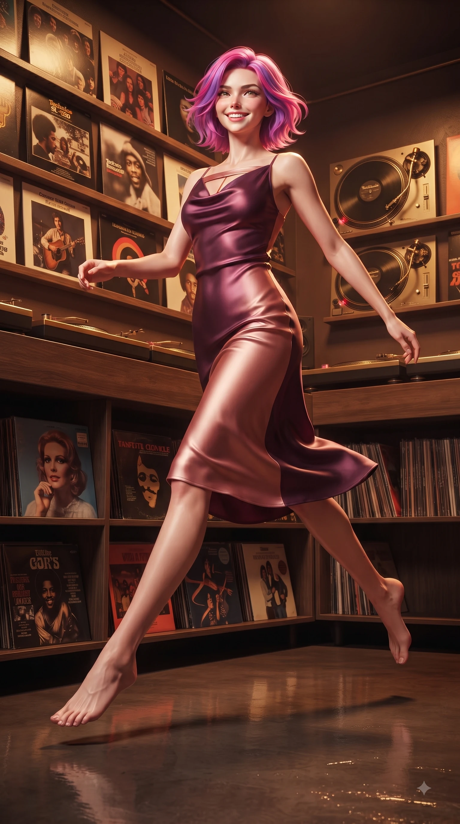 score_9, masterpiece, best quality, ultra-detailed, high-budget anime keyframe, editorial fashion photography, tasteful artistic composition, Caucasian woman. low angle full-body shot from head to toe showing her feet, filling the entire 9:16 vertical frame with her statuesque presence, stretching her vertical silhouette. leaping with pure youthful energy through the scene with a radiant bright smile, her long slender legs balanced gracefully while leaning against a wall lined with classic vinyl album covers under warm spotlights. The surrounding environment is rendered in vivid detail and crisp panoramic clarity. vintage vinyl album covers, wooden shelving, and brass turntable details in crisp clarity. She has an absolutely perfect, statuesque 8.5-heads proportion, an exceptionally tall and slender model-like female figure with impossibly long slender legs and an ultra-slim waist. sharp v-shaped jawline, high-bridge nose, intricate jewel-like eyes with depth, thick eyelashes, glossy lips with a natural sheen, flawlessly proportioned anatomical accuracy, natural body alignment, perfectly sculpted elegant limbs, clean dynamic posture without body distortion. wearing an elegant cowl-neck silk satin midi dress with a graceful draped neckline in rich plum purple and rose gold, tailored from fine wool crepe with clean lines, accented with a Tasteful chest slit framing her clavicle gracefully, the glove-like fit emphasizing her statuesque silhouette during motion. surrounded by a nostalgic, warm, and intimate retro music atmosphere. ultra-reflective glossy finish, specular highlights, metallic sheen, high-contrast stereoscopic depth, volumetric dynamic lighting, 2k, ultra detail, master piece, 9:16 ratio