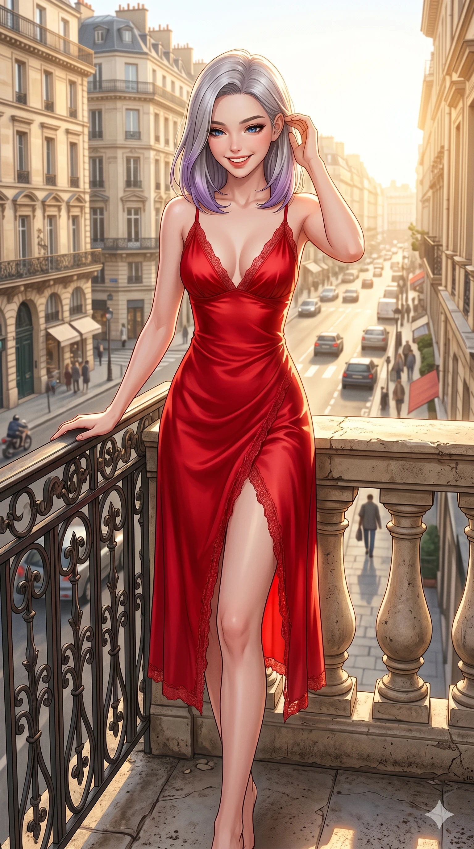 score_9, masterpiece, best quality, ultra-detailed, high-budget anime keyframe, editorial fashion photography, tasteful artistic composition, Caucasian woman, strictly human ears. cowboy shot from the thighs up, character and outfit filling the frame for maximum editorial presence. looking down with a bright, cheerful smile, one hand on the wrought iron railing standing on a balcony of a classic apartment overlooking a sunlit city street. She has an absolutely perfect 8-heads proportion, an exceptionally tall and slender female figure with impossibly long slender legs and an ultra-slim waist. V-shaped jawline, high-bridge nose, intricate jewel-like eyes with depth, thick eyelashes, glossy lips with a natural sheen. wearing a red silk slip dress with a plunging collar line and a high front slit. drenched in brilliant afternoon sunshine casting warm rays over the city and her figure. 2k, ultra detail, master piece, 9:16 ratio