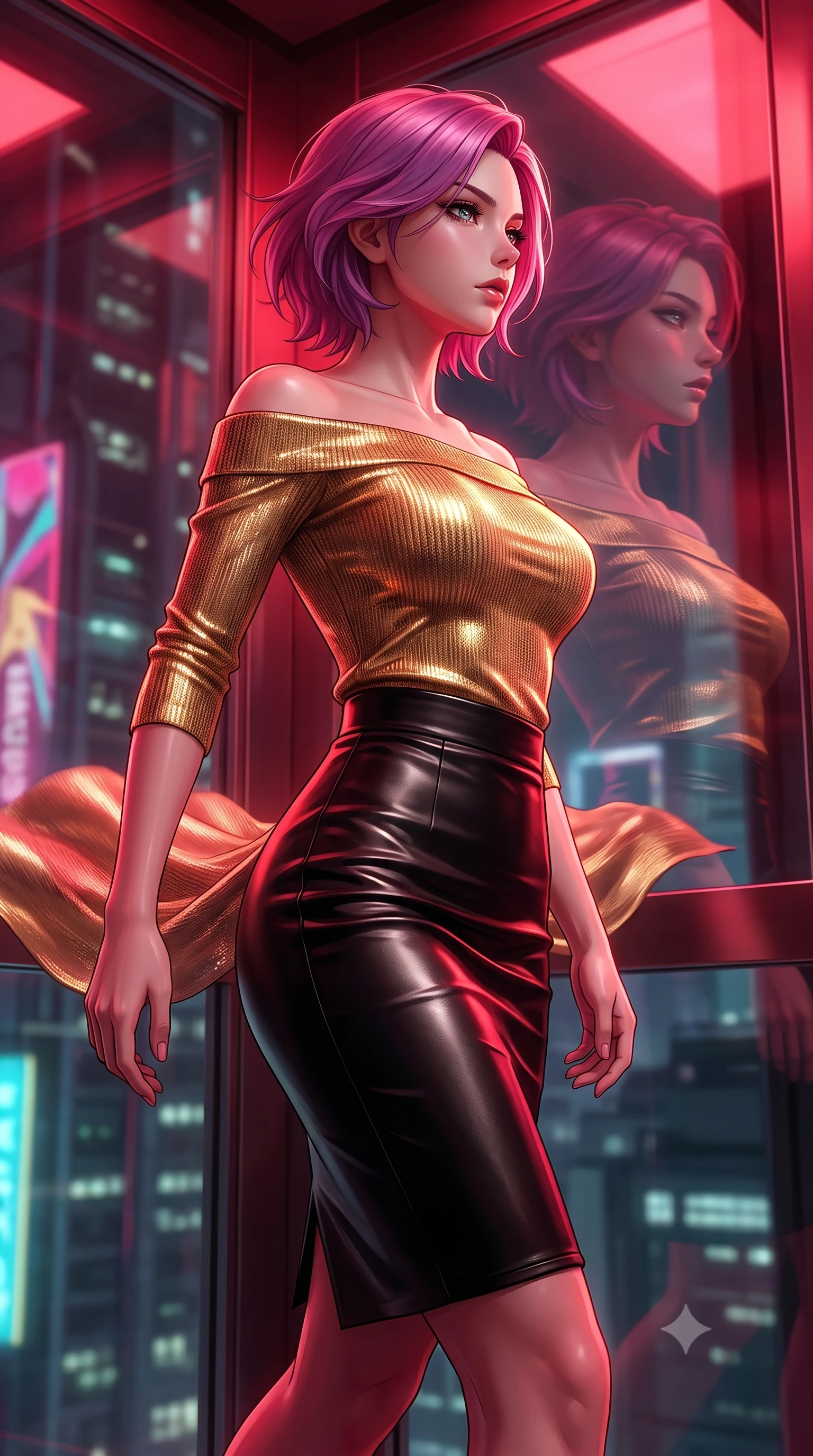 score_9, masterpiece, best quality, ultra-detailed, high-budget anime keyframe, editorial fashion photography, tasteful artistic composition, Caucasian woman, strictly human ears. close-up cowboy shot from the waist and thighs up, the character dominates the composition, filling the frame with her large presence, background elements kept in soft focus. Initiating a jump to hyperdrive, her face caught in a dramatic profile reflection on the cockpit glass. set against a soft-focus background of inside a transparent elevator rising rapidly through the outer wall of a colossal megacity tower. She has an exceptionally elegant and slender, willowy female figure with an ultra-slim waist, a gracefully sculpted slender torso, and a refined slim physique. sharp v-shaped jawline, high-bridge nose, intricate jewel-like eyes with depth, thick eyelashes, glossy lips with a natural sheen. wearing the lightweight fabric rippling and billowing dramatically with her movement, a form-contouring off-shoulder gold metallic knit top, paired with a high-waisted black leather pencil skirt. highly saturated vibrant anime colors, intense vivid color palette, soft 3D volumetric shading, volumetric dynamic lighting, deep crimson theatrical lighting with sharp specular highlights on every curve. 2k, ultra detail, master piece, 9:16 ratio