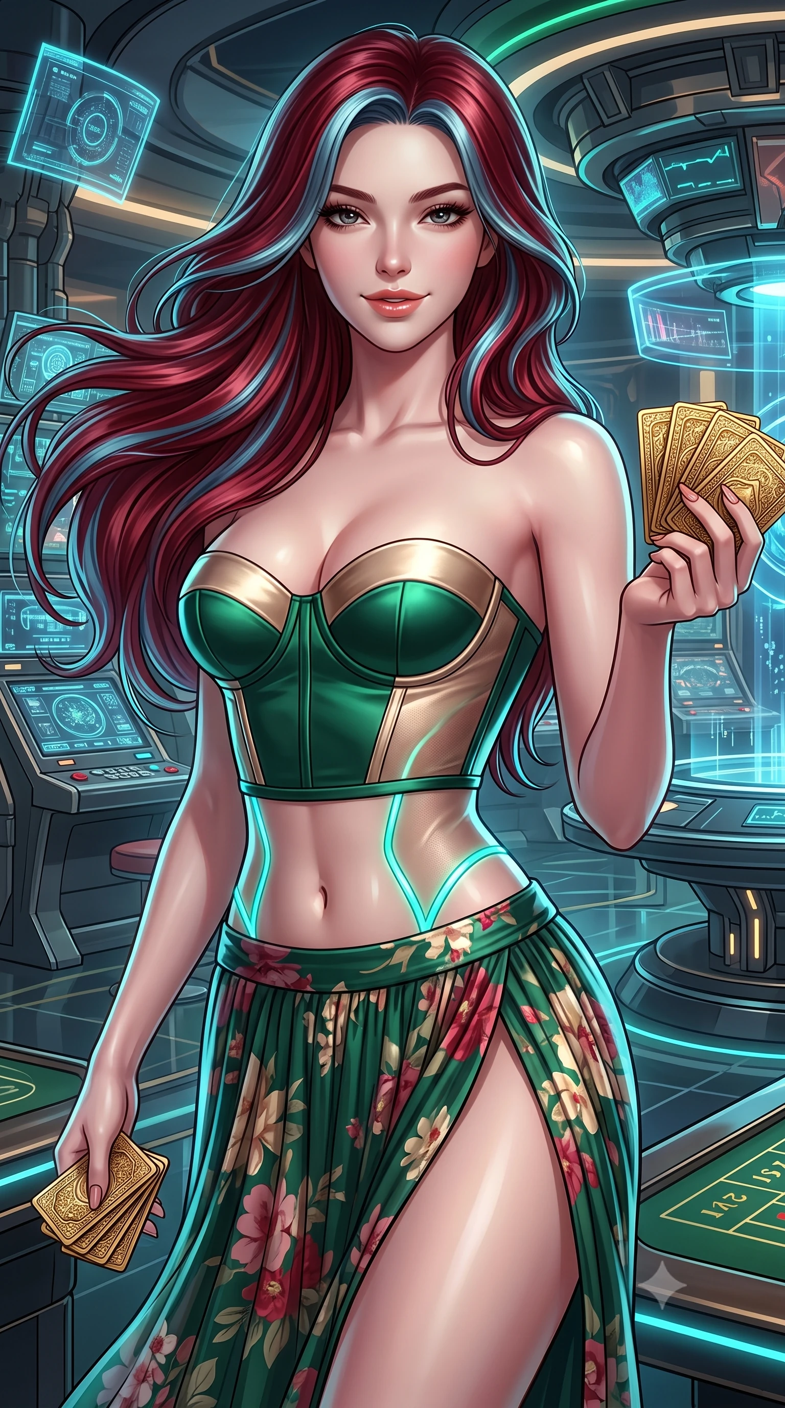 score_9, masterpiece, best quality, ultra-detailed, high-budget anime keyframe, semi-realistic 3D game render, editorial fashion photography, tasteful artistic composition, Caucasian woman. close-up cowboy shot from the waist and thighs up, the character dominates the composition, filling the frame with her large presence. turning slowly with an enchanting smoldering smile, her glossy hair tossing in the breeze as her hips angle gracefully in a captivating contrapposto while twisting her slender torso in an alluring S-curve, pulsing cybernetic table lights tracing her flat midriff, narrow waist, and curvy hips. The surrounding environment is rendered in vivid detail and crisp panoramic clarity: detailed second-skin mesh bodysuit cling, glossy parted lips, and high-tech casino mechanics in high resolution. She has an exceptionally elegant, slender, and willowy female figure with an ultra-slim waist, flat toned midriff, narrow ribcage, and sculpted feminine hips creating an alluring, slim hourglass silhouette without bulk. sharp v-shaped jawline, high-bridge nose, sparkling eyes with hypnotic seductive depth, thick curled eyelashes, glossy parted lips with a natural dewy peach sheen, alluring bedroom-eyes with an enchanting coquettish smile, exuding magnetic siren charisma and sophisticated glamour, flawlessly proportioned anatomical accuracy, strict slender model proportions, natural body alignment, perfectly sculpted long slender limbs, ultra-slim waistline, clean dynamic posture without body distortion. wearing a strapless boned satin bustier paired with an airy micro-pleated floral chiffon skirt framing her hourglass hips in casino emerald green and metallic champagne gold with ruby glints, made of semi-opaque stretch illusion mesh with soft shadowy contours, accented with a stack of engraved gold casino plaques held loosely in one hand, the high-slit wrap tailoring accentuating her ultra-slim waistline and the enchanting curve of her feminine hips with alluring seductive charm. illuminated by holographic glow fill and sharp electric-cyan rim lights defining her razor-sharp jawline, narrow waist, and curvy hips. highly saturated vibrant anime colors, detailed shading with soft gradients, rich glossy textures, high-contrast stereoscopic depth, volumetric dynamic lighting, master piece, 9:16 ratio