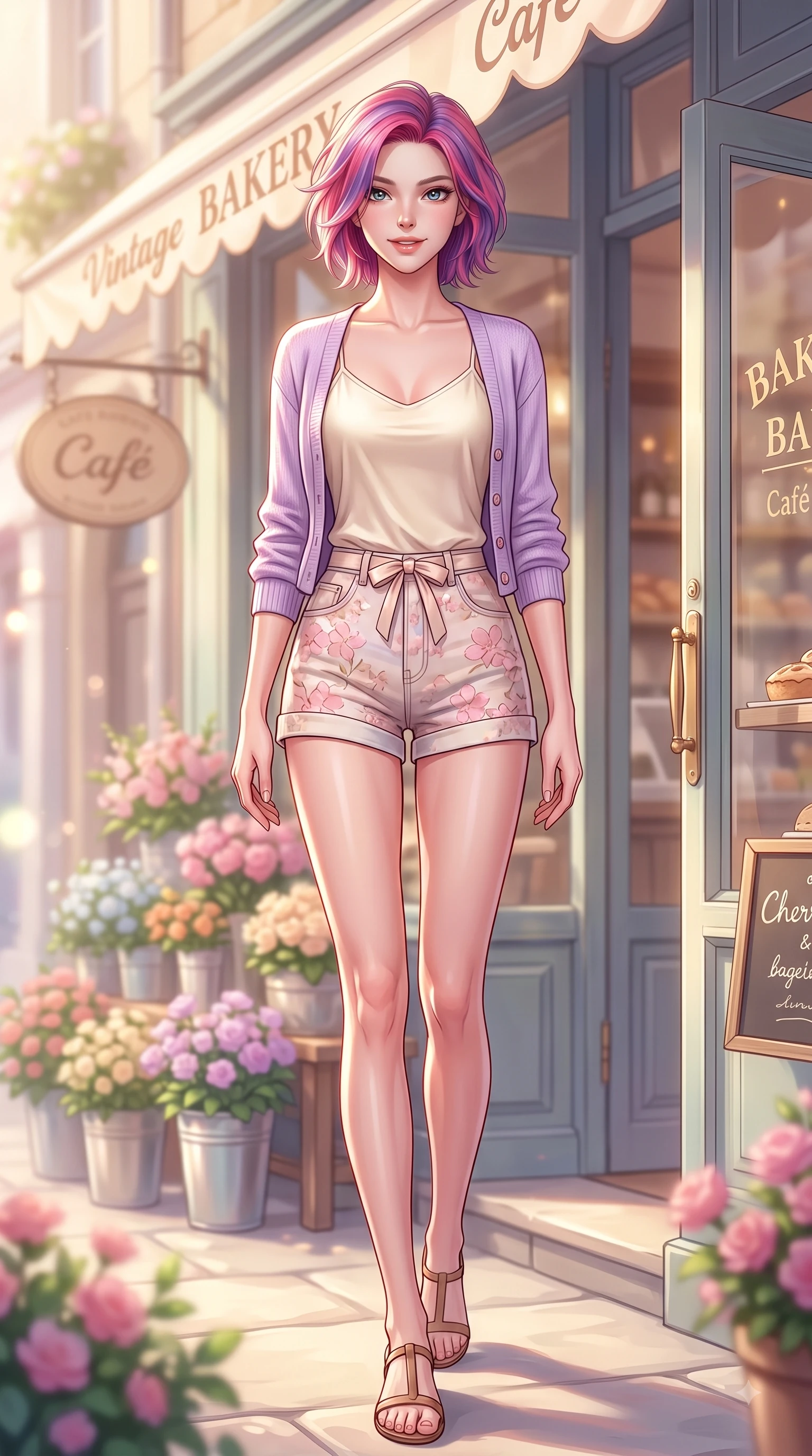 score_9, masterpiece, best quality, ultra-detailed, high-budget anime keyframe, editorial fashion photography, tasteful artistic composition, Caucasian woman. low angle full-body shot from head to toe showing her feet, filling the entire 9:16 vertical frame with her statuesque presence, stretching her vertical silhouette. stepping forward gracefully in mid-motion with a delighted cute expression, displaying her statuesque model proportions while resting near a sun-drenched cafe entrance while looking at the camera with a warm, sweet expression. The composition keeps background elements in soft focus with dreamy bokeh. pastel flower displays and vintage bakery awnings shimmering softly in creamy background bokeh. She has an absolutely perfect, statuesque 8.5-heads proportion, an exceptionally tall and slender model-like female figure with impossibly long slender legs and an ultra-slim waist. sharp v-shaped jawline, high-bridge nose, intricate jewel-like eyes with depth, thick eyelashes, glossy lips with a natural sheen, flawlessly proportioned anatomical accuracy, natural body alignment, perfectly sculpted elegant limbs, clean dynamic posture without body distortion. wearing a soft lavender knit cardigan worn over a simple cream silk camisole and light-wash denim shorts in cherry blossom pink and soft beige, made of comfortable premium stretch denim and soft jersey, accented with a dainty waist ribbon bow, the chic real-way fashion cut emphasizing her effortless charm. bathed in brilliant morning sunshine and warm pastel flower shop ambient glow. highly saturated vibrant anime colors, detailed shading with soft gradients, rich glossy textures, high-contrast stereoscopic depth, volumetric dynamic lighting, master piece, 9:16 ratio