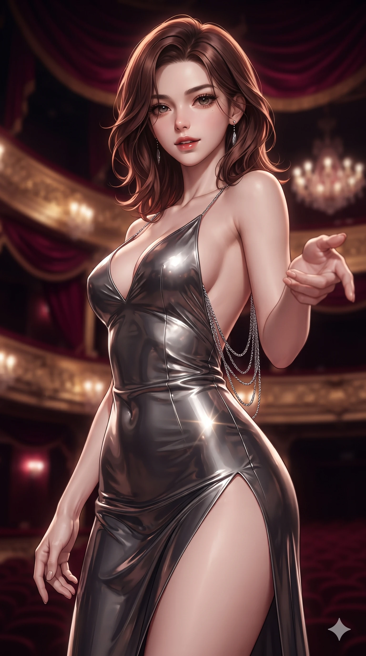 score_9, masterpiece, best quality, ultra-detailed, high-budget anime keyframe, editorial fashion photography, tasteful artistic composition, Korean woman. close-up cowboy shot from the waist and thighs up, the character dominates the composition, filling the frame with her large presence. reaching one hand toward the viewer with relaxed dark elegance, her sculpted waistline catching specular highlights while reaching one hand toward the viewer with relaxed dark elegance, her tailored tux dress tracing her ultra-slim waist and hips. The background shows a soft-focus gilded baroque opera tiers, cascading deep crimson velvet drapes, and distant illuminated stage chandeliers blurred into ruby, burgundy, and gold bokeh. She has an exceptionally elegant, slender, and willowy female figure with an ultra-slim waist, flat toned midriff, narrow ribcage, and sculpted feminine hips creating an alluring, slim hourglass silhouette without bulk. sharp v-shaped jawline, high-bridge nose, intricate jewel-like dark sparkling eyes with hypnotic seductive depth, thick curled eyelashes, glossy parted lips with a natural wine sheen, alluring bedroom-eyes with an enigmatic smoldering smile, exuding magnetic sovereign charisma and dark avant-garde glamour, flawlessly proportioned anatomical accuracy, strict slender model proportions, natural body alignment, perfectly sculpted long slender limbs, ultra-slim waistline, clean dynamic posture without body distortion. wearing a provocative backless liquid lamé slip dress with plunging neckline and hip-high thigh slit in liquid mercury chrome and smoky quartz, crafted from wet-look high-gloss vinyl fabric with dazzling specular surface reflections, accented with an open-back drape framed by falling strands of delicate chrome chains, the bespoke structured tailoring following the natural line of her 8.5-heads silhouette with refined elegance. illuminated by a single brilliant theatrical key light emerging from dark opera shadows. ultra-reflective glossy finish, specular highlights, metallic sheen, high-contrast stereoscopic depth, volumetric dynamic lighting, 2k, ultra detail, master piece, 9:16 ratio