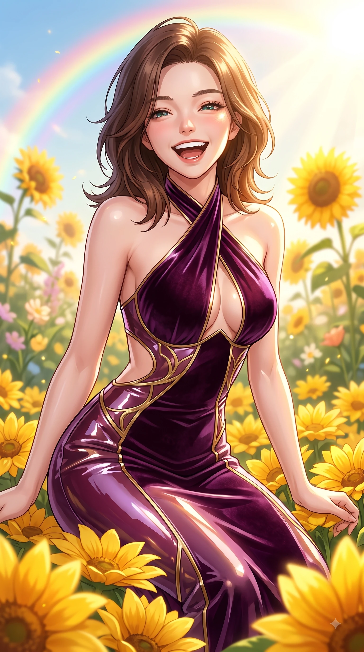 score_9, masterpiece, best quality, ultra-detailed, high-budget anime keyframe, editorial fashion photography, tasteful artistic composition, Korean woman. close-up cowboy shot from the waist and thighs up, the character dominates the composition, filling the frame with her large presence, background elements kept in soft focus. Joyful laughing expression filled with genuine happiness and warmth, leaning forward with cheerful energy while resting playfully among golden blossoms as warm sunbeams illuminate her sparkling eyes, vivid golden sunflowers swaying in a gentle spring breeze under a radiant rainbow arc. She has an exceptionally elegant, slender, and willowy female figure with an ultra-slim waist, a gracefully sculpted slender torso, and a refined silhouette. sharp v-shaped jawline, high-bridge nose, intricate jewel-like eyes with depth, thick eyelashes, glossy lips with a natural sheen, flawlessly proportioned anatomical accuracy, natural body alignment, perfectly sculpted elegant limbs, clean dynamic posture without body distortion. wearing a velvet halter-neck midi dress following her form like a glove in plum purple and gold filigree, tailored from high-gloss patent leather, featuring clean architectural cutouts along her slender torso, the elegant draped fit framing her graceful clavicle and slender torso. bathed in brilliant sunny morning light and warm golden meadow sunbursts. ultra-reflective glossy finish, specular highlights, metallic sheen, high-contrast stereoscopic depth, volumetric dynamic lighting, 2k, ultra detail, master piece, 9:16 ratio