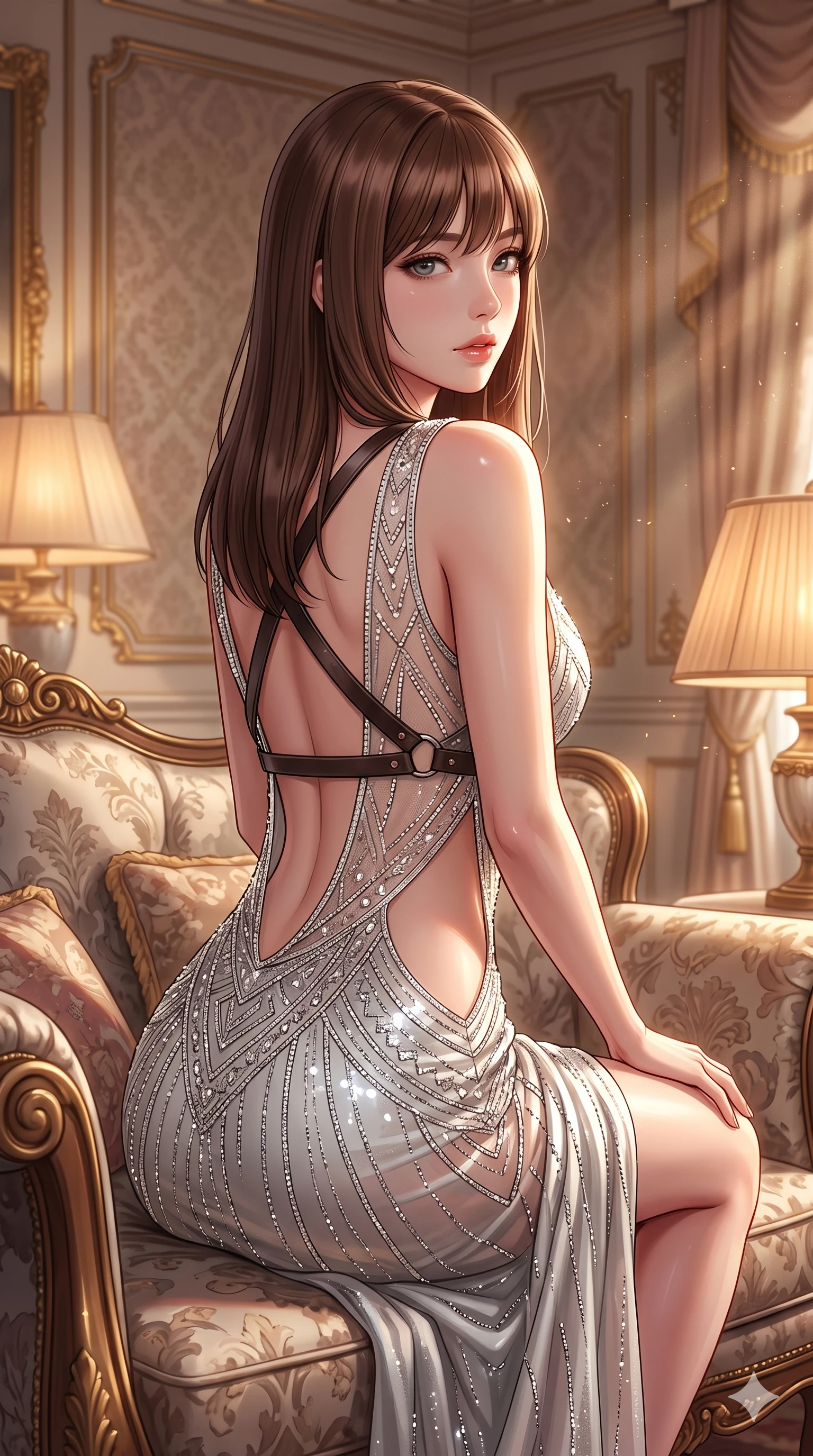 score_9, masterpiece, best quality, ultra-detailed, high-budget anime keyframe, semi-realistic 3D game render, editorial fashion photography, tasteful artistic composition, Korean woman. close-up cowboy shot from the waist and thighs up, the character dominates the composition, filling the frame with her large presence. posing in an alluring rear three-quarter angle, looking over a bare shoulder with parted glossy lips, her hips cocked back to highlight her slim hourglass curve while perched sideways on the vintage settee, one knee drawn up to showcase her slender leg line while her arched back accentuates her feminine hip curve. The background shows a soft-focus vintage aristocratic salon atmosphere softened in damask salon shallow focus. She has an exceptionally elegant, slender, and willowy female figure with an ultra-slim waist, flat toned midriff, narrow ribcage, and sculpted feminine hips creating an alluring, slim hourglass silhouette without bulk. sharp v-shaped jawline, high-bridge nose, intricate jewel-like sparkling eyes with depth, thick eyelashes, glossy parted lips with a natural sheen, intensely captivating and seductive bedroom-eyes expression, exuding both youthful cute charm and sovereign luxury allure, flawlessly proportioned anatomical accuracy, strict slender model proportions, natural body alignment, perfectly sculpted long slender limbs, ultra-slim waistline, clean dynamic posture without body distortion. wearing a sheer vintage mesh flapper dress adorned with intricate geometric beadwork over an opaque silk micro-slip in shimmering silver mercury and pearl white, tailored from heavy double-faced silk georgette with an exceptionally fluid drape, featuring an open-back criss-cross harness strap in dark leather, the precision-cut side openings and low-back scoop framing her graceful spine and the sensual sweep of her slim, toned hips. bathed in the soft, intimate warm 2700K ambient light of silk-shaded table lamps mixed with angled window sunbeams. highly saturated vibrant anime colors, detailed shading with soft gradients, rich glossy textures, high-contrast stereoscopic depth, volumetric dynamic lighting, master piece, 9:16 ratio