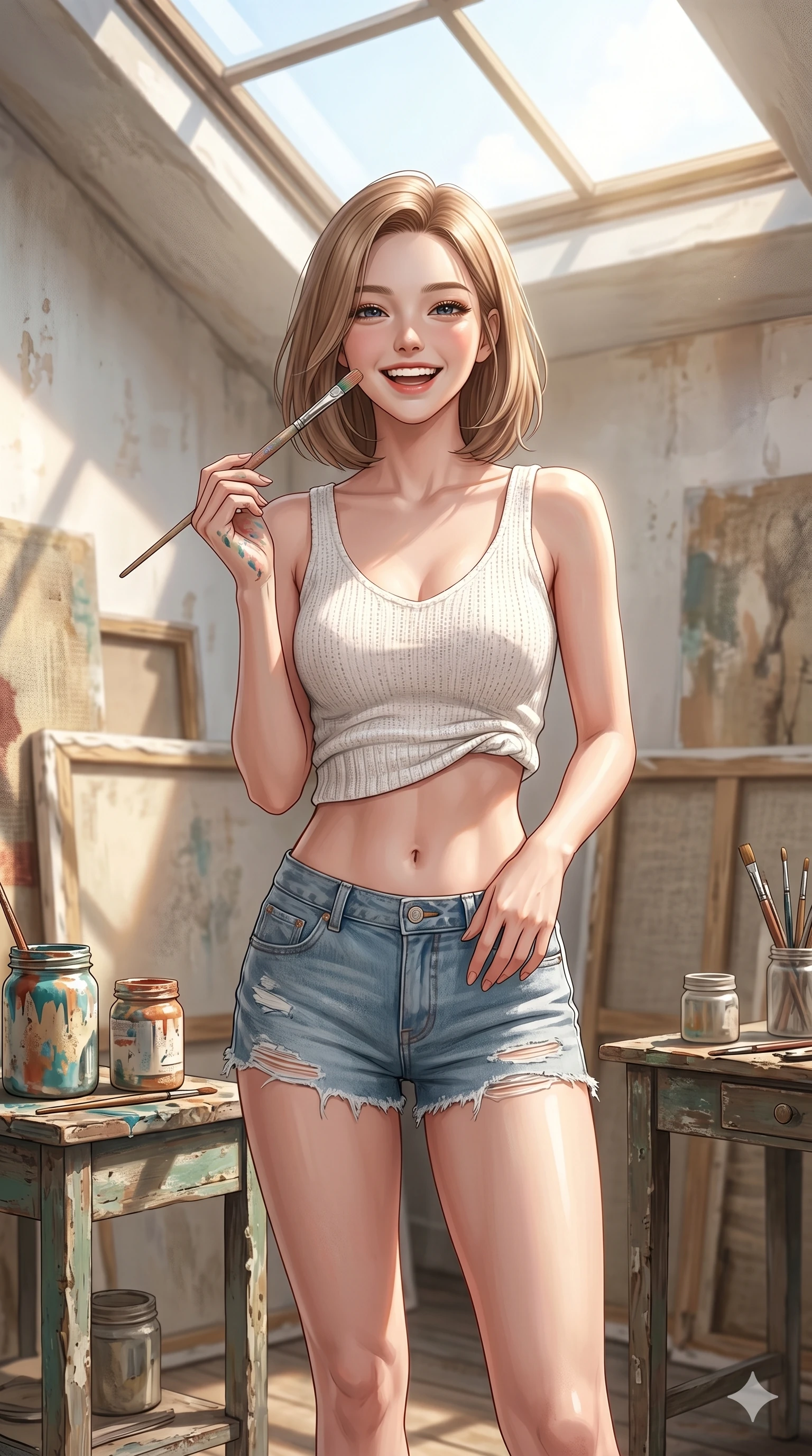 score_9, masterpiece, best quality, ultra-detailed, high-budget anime keyframe, editorial fashion photography, tasteful artistic composition, Korean woman. cowboy shot from the thighs up, character and outfit filling the frame for maximum editorial presence. holding a paintbrush near her cheek with a bright, cheerful laugh, looking towards the lens standing in a sunlit art studio filled with canvases and paint jars. She has an absolutely perfect 8-heads proportion, an exceptionally tall and slender female figure with impossibly long slender legs and an ultra-slim waist. V-shaped jawline, high-bridge nose, intricate jewel-like eyes with depth, thick eyelashes, glossy lips with a natural sheen. wearing a white knit crop top showing her delicately sculpted midriff, and denim shorts. drenched in brilliant afternoon sunshine pouring through a large skylight, casting soft shadows. 2k, ultra detail, master piece, 9:16 ratio