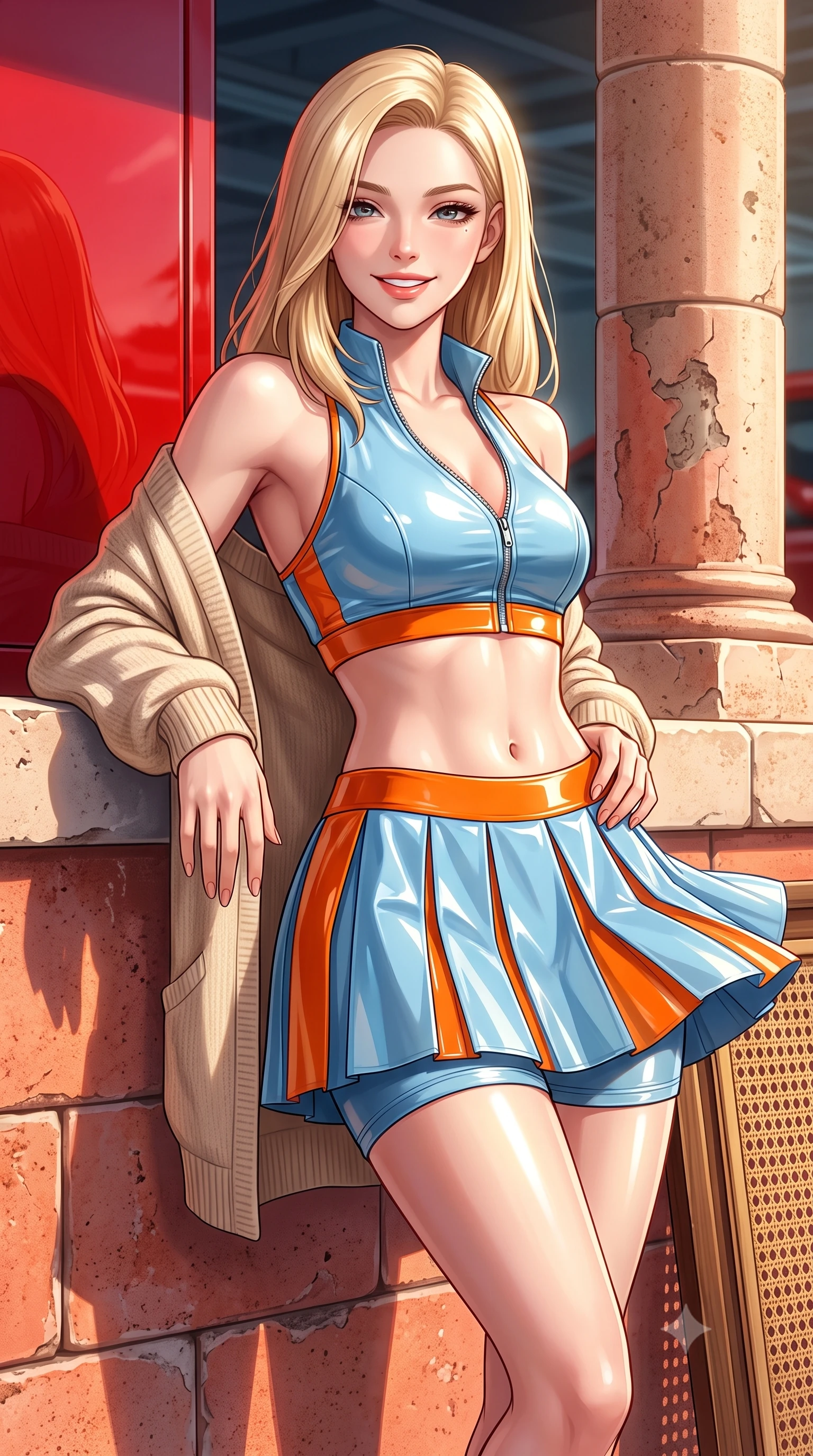 score_9, masterpiece, best quality, ultra-detailed, high-budget anime keyframe, semi-realistic 3D game render, editorial fashion photography, tasteful artistic composition, Korean woman. close-up cowboy shot from the waist and thighs up, the character dominates the composition, filling the frame with her large presence. leaning back against the pit wall with relaxed seductive grace, her flat midriff and narrow waist highlighted as sunlight traces her curves while twisting her slender torso in an alluring contrapposto stance, Florida ocean breezes fluttering her pleated tennis skirt around her curvy hips. The surrounding environment is rendered in vivid detail and crisp panoramic clarity: sharp Ferrari red enamel paint reflections, coral stone pillar textures, and polo mallet cane weave in deep focus. She has an exceptionally elegant, slender, and willowy female figure with an ultra-slim waist, flat toned midriff, narrow ribcage, and sculpted feminine hips creating an alluring, slim hourglass silhouette without bulk. sharp v-shaped jawline, high-bridge nose, sparkling eyes with athletic focus and depth, thick curled eyelashes, glossy parted lips with a natural coral-peach sheen, bright confident and coquettish smile with alluring bedroom-eyes, exuding both youthful sporty vigor and sovereign high-society glamour, flawlessly proportioned anatomical accuracy, strict slender model proportions, natural body alignment, perfectly sculpted long slender limbs, ultra-slim waistline, clean dynamic posture without body distortion. wearing a modern two-piece athletic set featuring a zip-front halter sports crop top and curve-hugging tennis skirt with built-in compression shorts in vintage Porsche Gulf blue and vibrant race orange, made of high-gloss reflective patent leather with mirror-like specular highlights, complemented by an oversized cashmere knit cardigan slipping off one bare shoulder, the glove-like aerodynamic silhouette tightly following the natural contour of her hips and long slender legs with youthful 8.5-heads elegance. bathed in luminous Florida sunshine reflecting off white coral stone terraces. highly saturated vibrant anime colors, detailed shading with soft gradients, rich glossy textures, high-contrast stereoscopic depth, volumetric dynamic lighting, master piece, 9:16 ratio