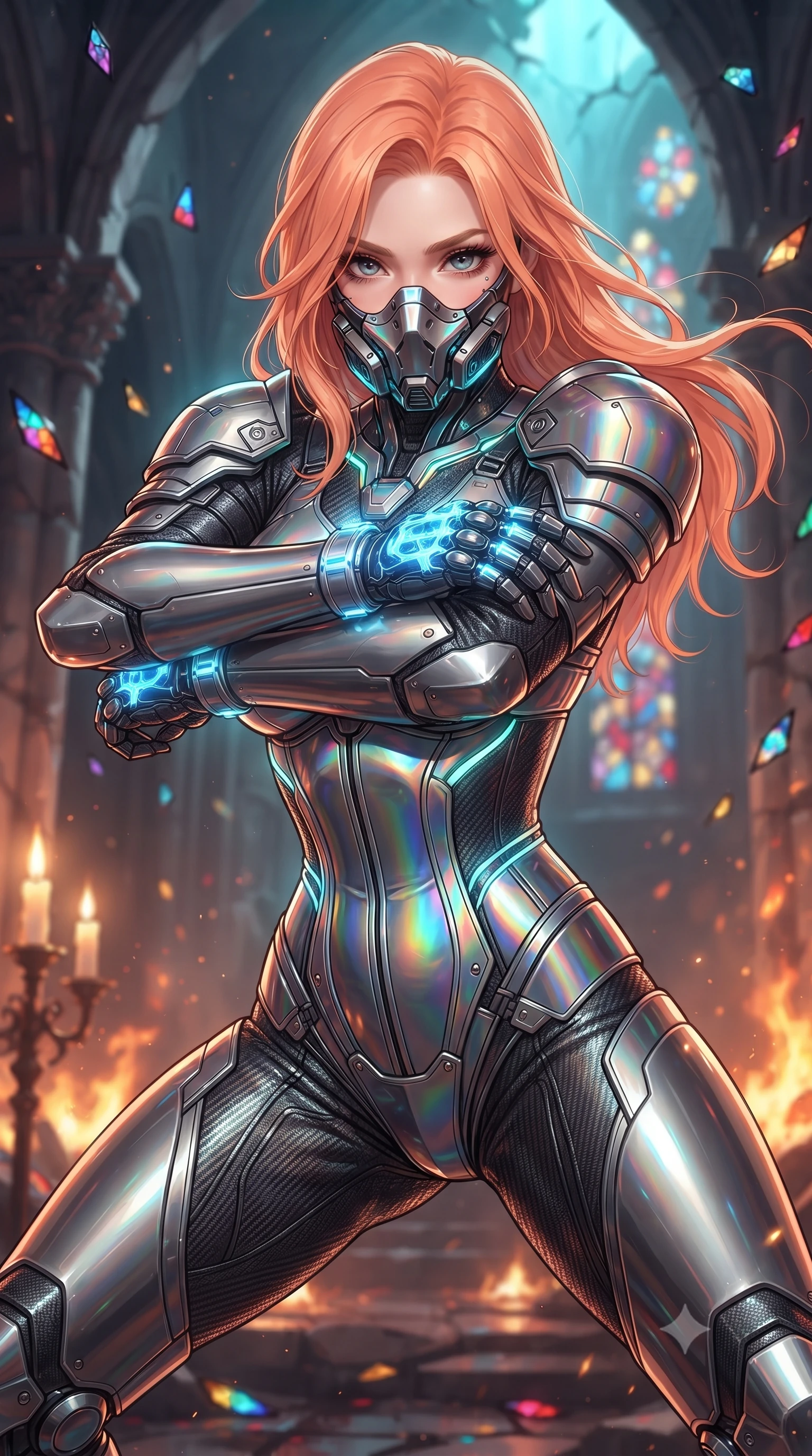 score_9, masterpiece, best quality, ultra-detailed, high-budget anime keyframe, editorial fashion photography, tasteful artistic composition, Japanese woman. close-up cowboy shot from the waist and thighs up, the character dominates the composition, filling the frame with her large presence. shifting into a low cat-stance with arms crossed defensively, glowing energy conduits tracing her ultra-slim waist and sculpted clavicle while pivoting dynamically beside a colossal fractured saint statue, her kinetic knuckle dampers glowing with intense blue energy. The composition keeps background elements in soft focus with creamy bokeh. burning cathedral arches and scattered stained-glass jewel fragments blurred into rich ruby, sapphire, and gold bokeh. She has an exceptionally elegant, slender, and willowy female figure with an ultra-slim waist, a gracefully sculpted slender torso, toned flat midriff, and a refined slim silhouette. sharp v-shaped jawline, high-bridge nose, intricate jewel-like eyes with depth, thick eyelashes, glossy lips with a natural sheen, fierce and resolute heroine expression, flawlessly proportioned anatomical accuracy, strict slender model proportions, natural body alignment, perfectly sculpted long slender limbs, ultra-slim waistline, clean dynamic posture without body distortion. wearing a sleek titanium half-face combat rebreather guard protecting her lower jaw while leaving her expressive eyes and long hair flowing freely, paired with a statuesque high-fashion cyber-warrior armor suit with platinum bevels, heavy articulated shoulder guards, and an ultra-slim waist-cinching corset in high-gloss iridescent rainbow carbon with scorched titanium plating, crafted from ultra-strong woven carbon-fiber composite with battle-tested satin luster, detailed with kinetic shock-dampening knuckle guards and polished chrome connection joints, the glove-like aerodynamic second-skin fit tightly clinging to her ultra-slender waist and athletic curves without adding bulk, accentuating her razor-sharp statuesque lines and slim hourglass silhouette. bathed in flickering candlelight and blazing fires with cool cyan kinetic energy backlighting. ultra-reflective glossy finish, specular highlights, dark metallic sheen, high-contrast stereoscopic depth, volumetric dynamic lighting, 2k, ultra detail, master piece, 9:16 ratio